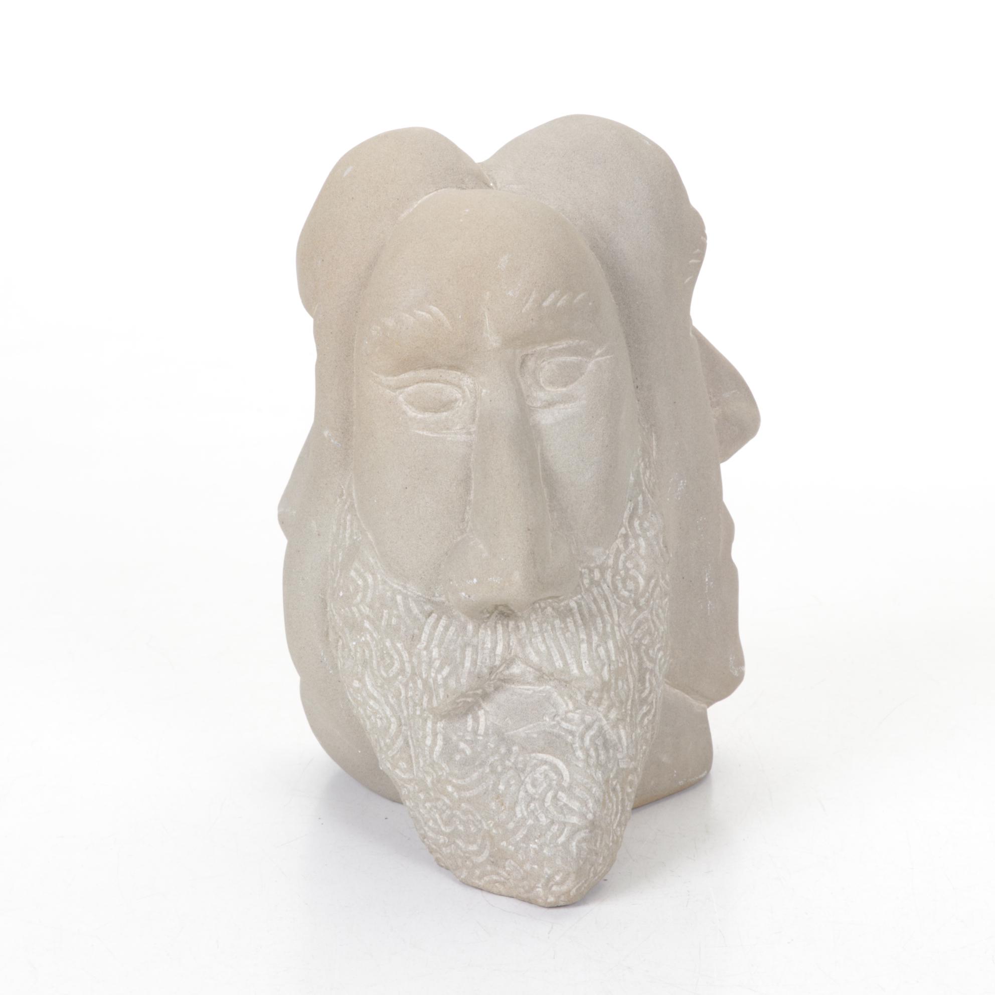 Unglazed Ceramic Three-Faced Sculpture by S. G.