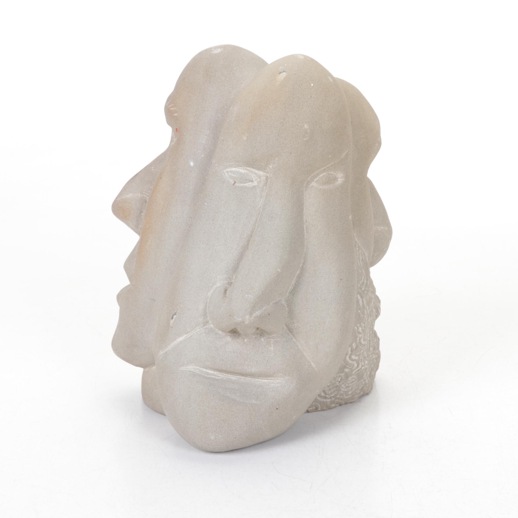 Unglazed Ceramic Three-Faced Sculpture by S. G.