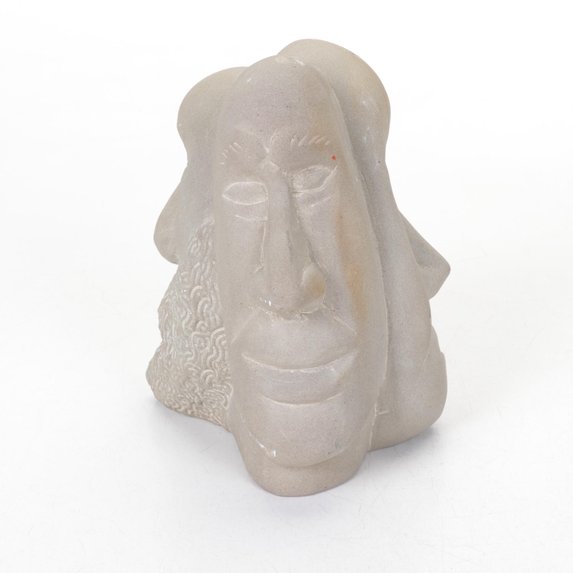 Unglazed Ceramic Three-Faced Sculpture by S. G.