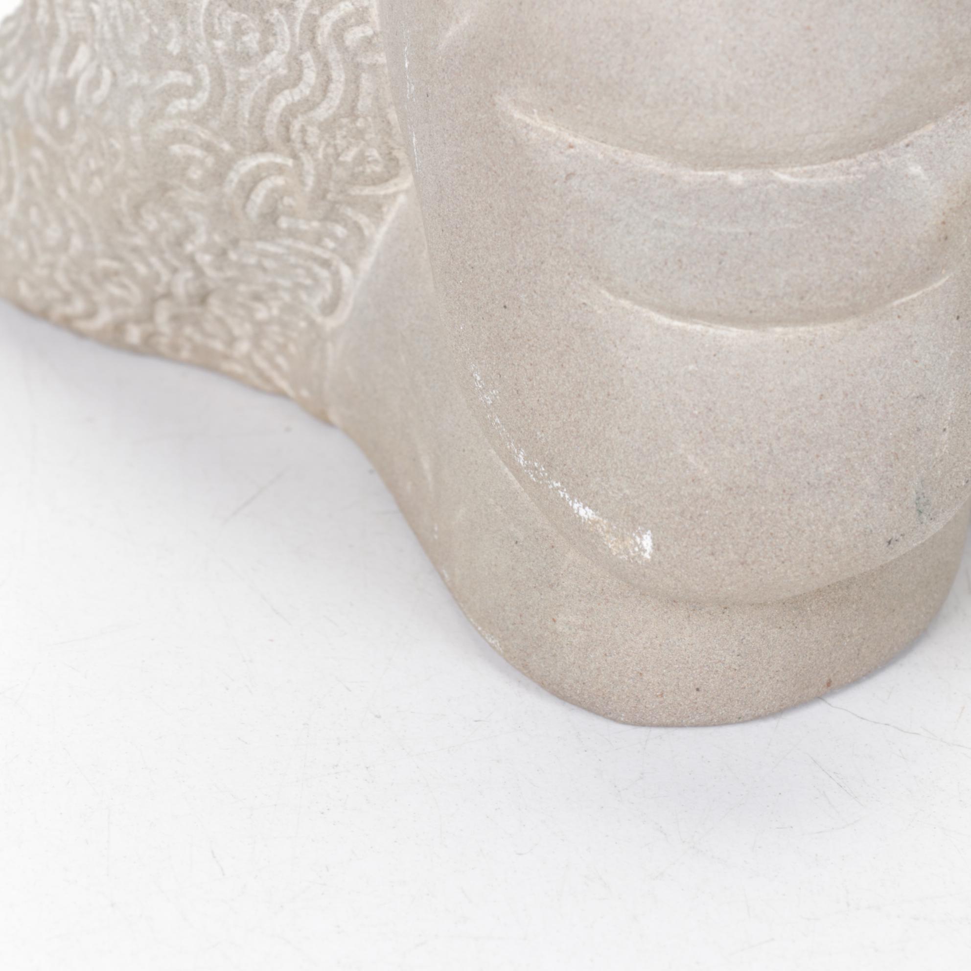 Unglazed Ceramic Three-Faced Sculpture by S. G.