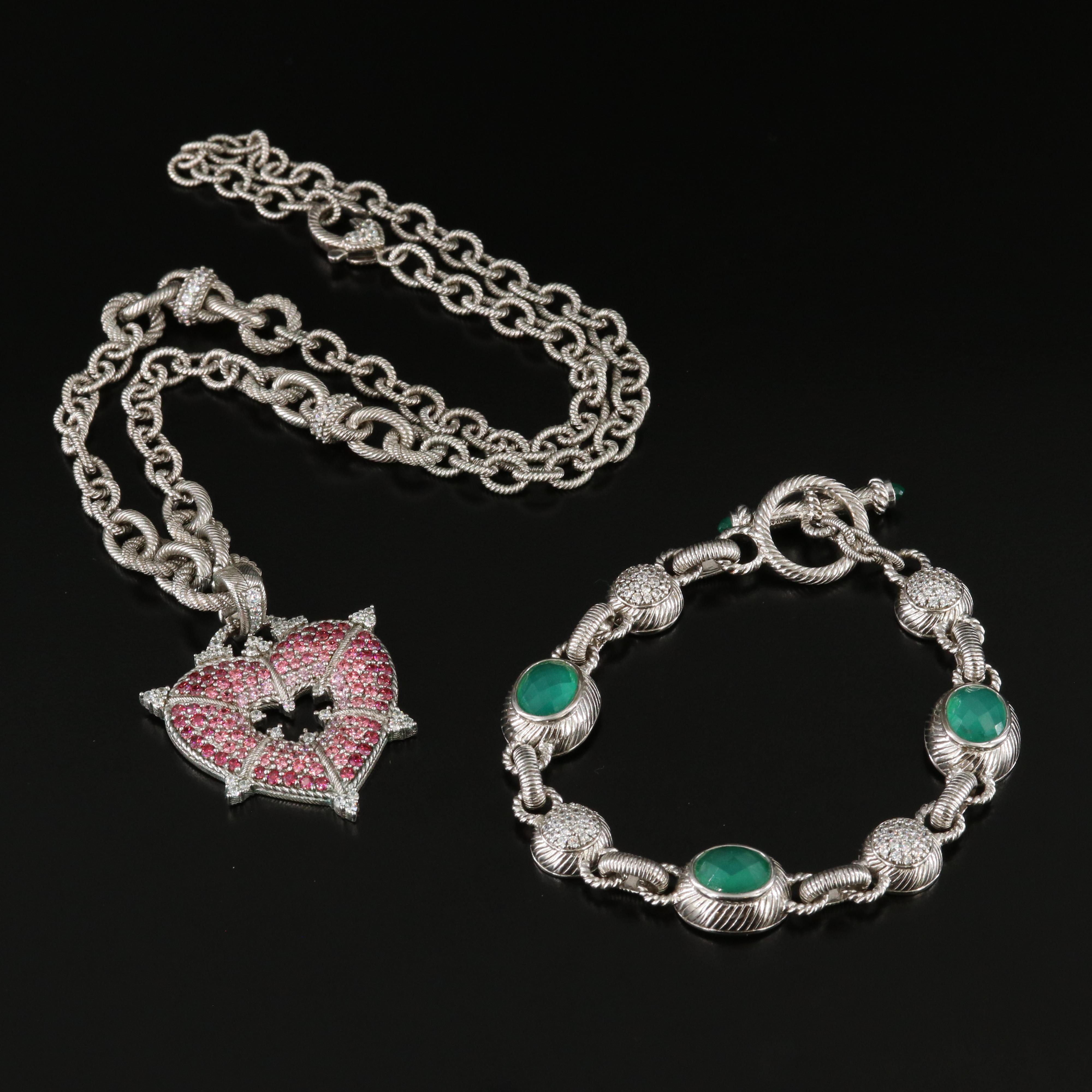 Judith Ripka Sterling CZ and Chalcedony Bracelet and Necklace