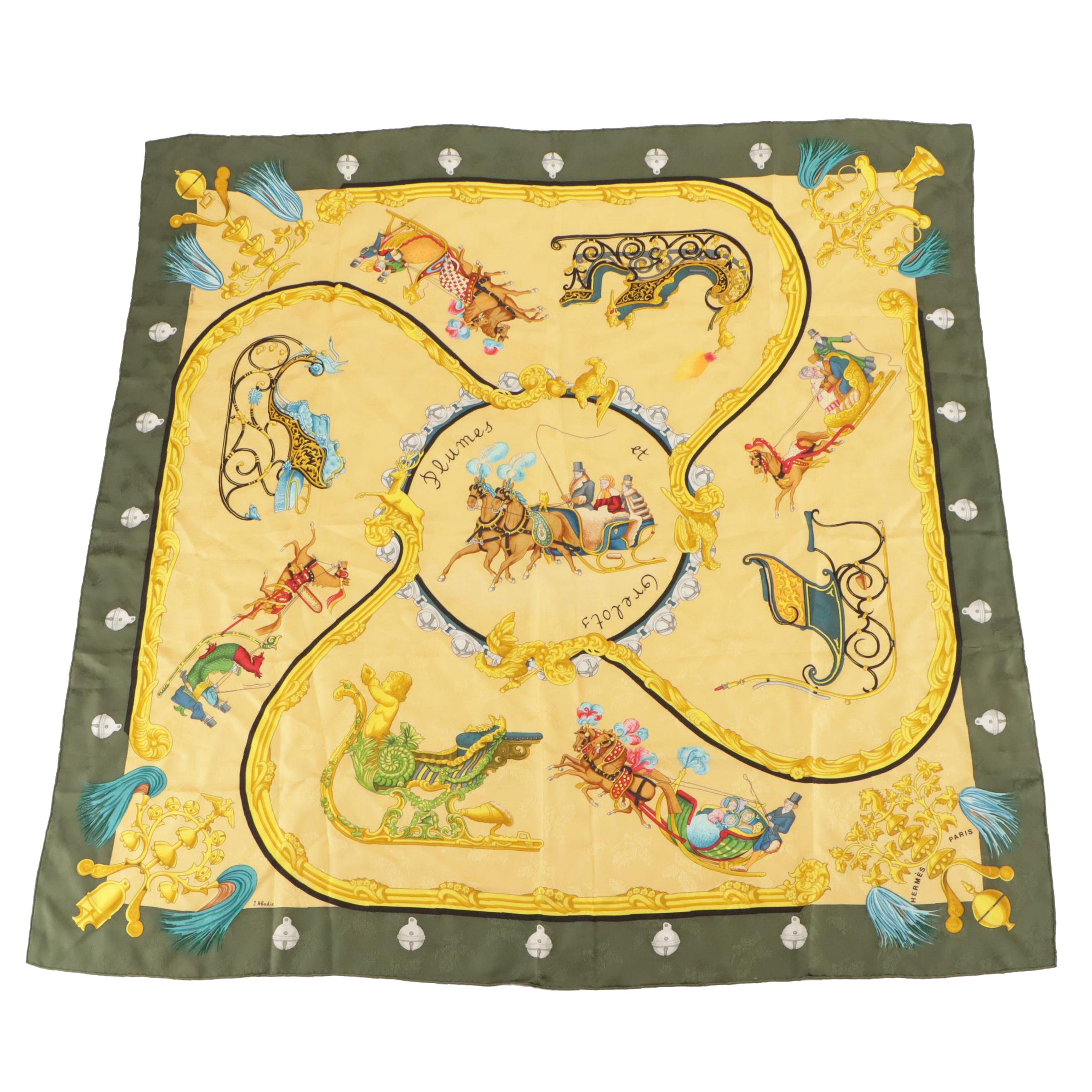 Hermès "Plumes et Grelots" Scarf 90 in Holly Silk Jacquard