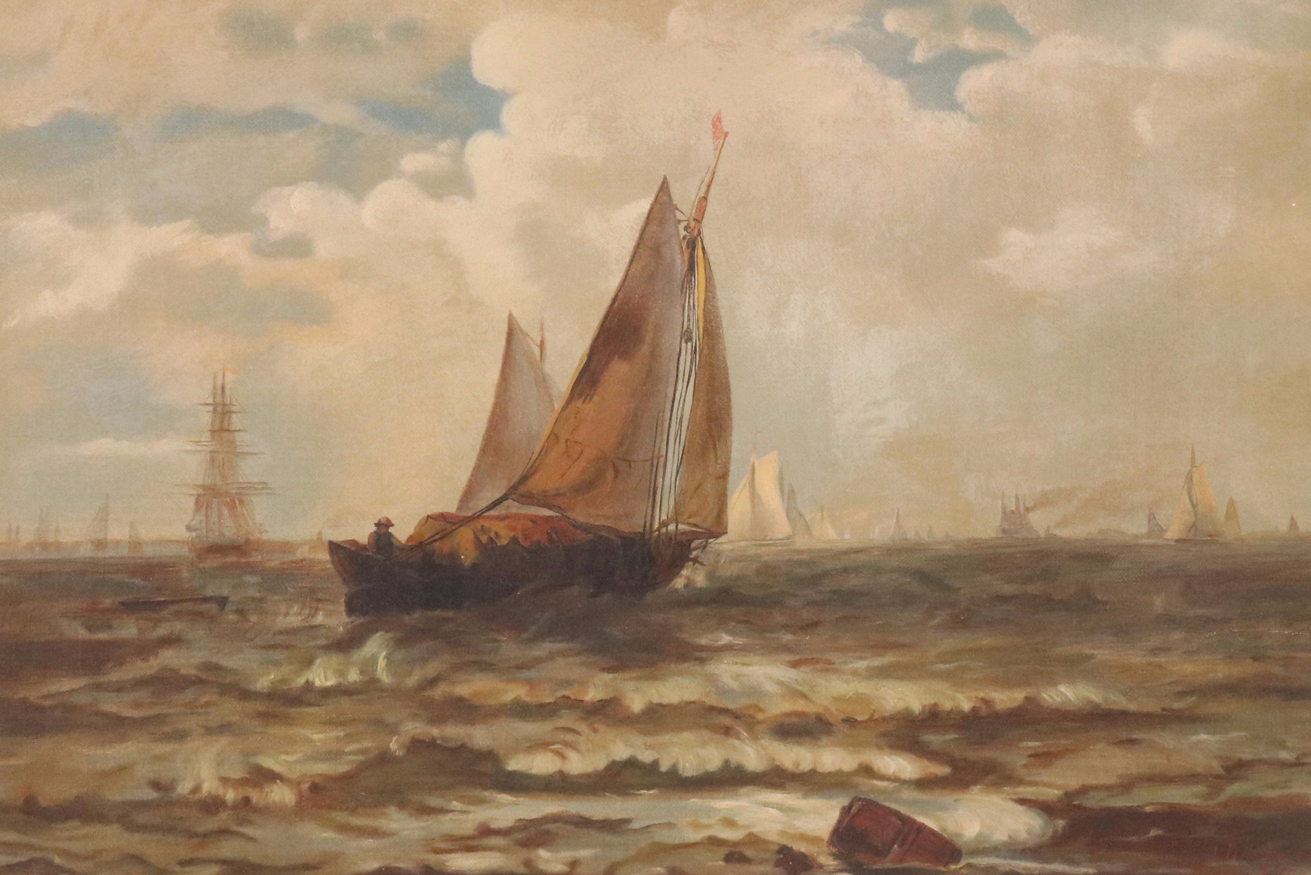 L. D. Harcourt Marine Oil Painting of Sailboats at Sea, 1894