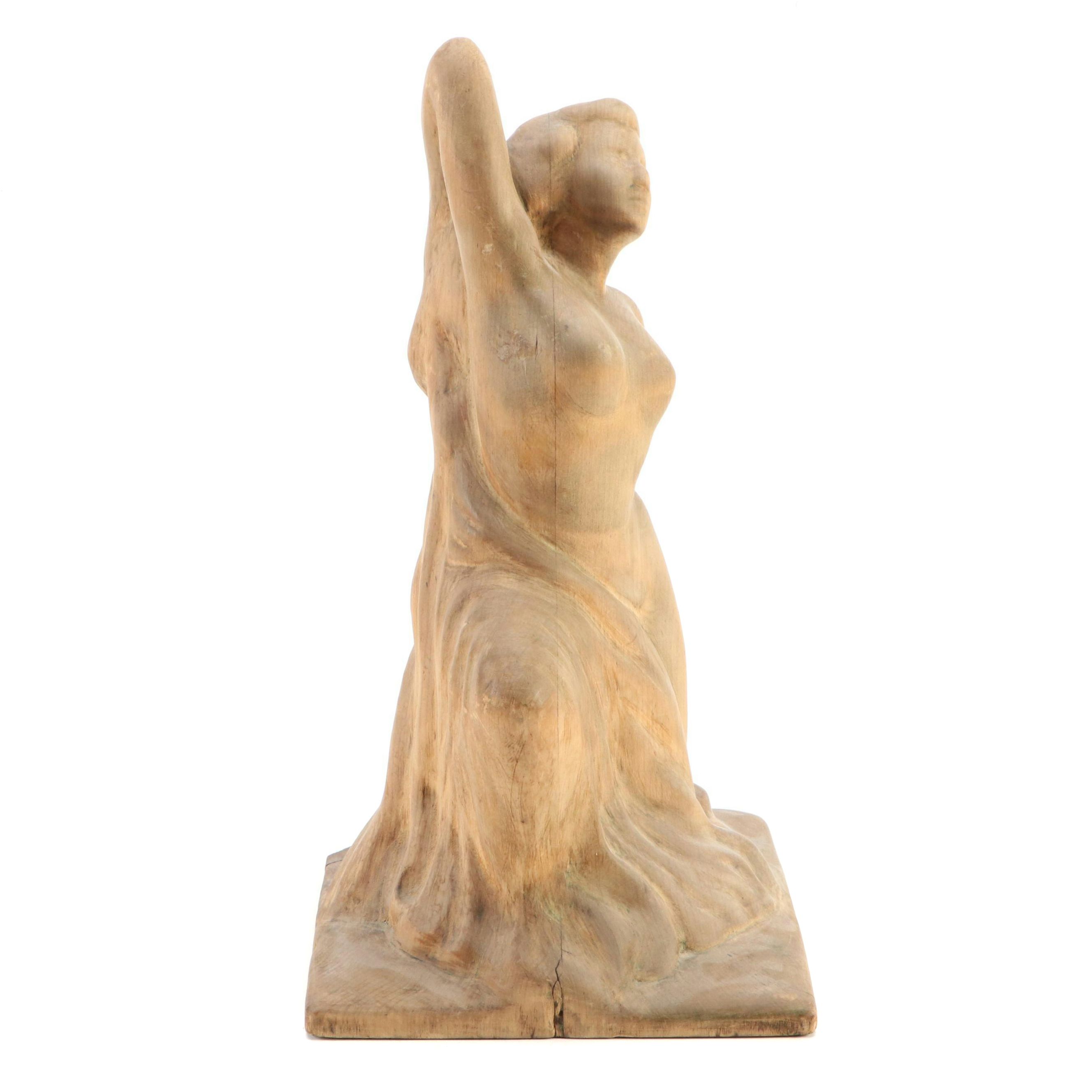 Nude Woman Covered in Drapery Carved Wood Sculpture