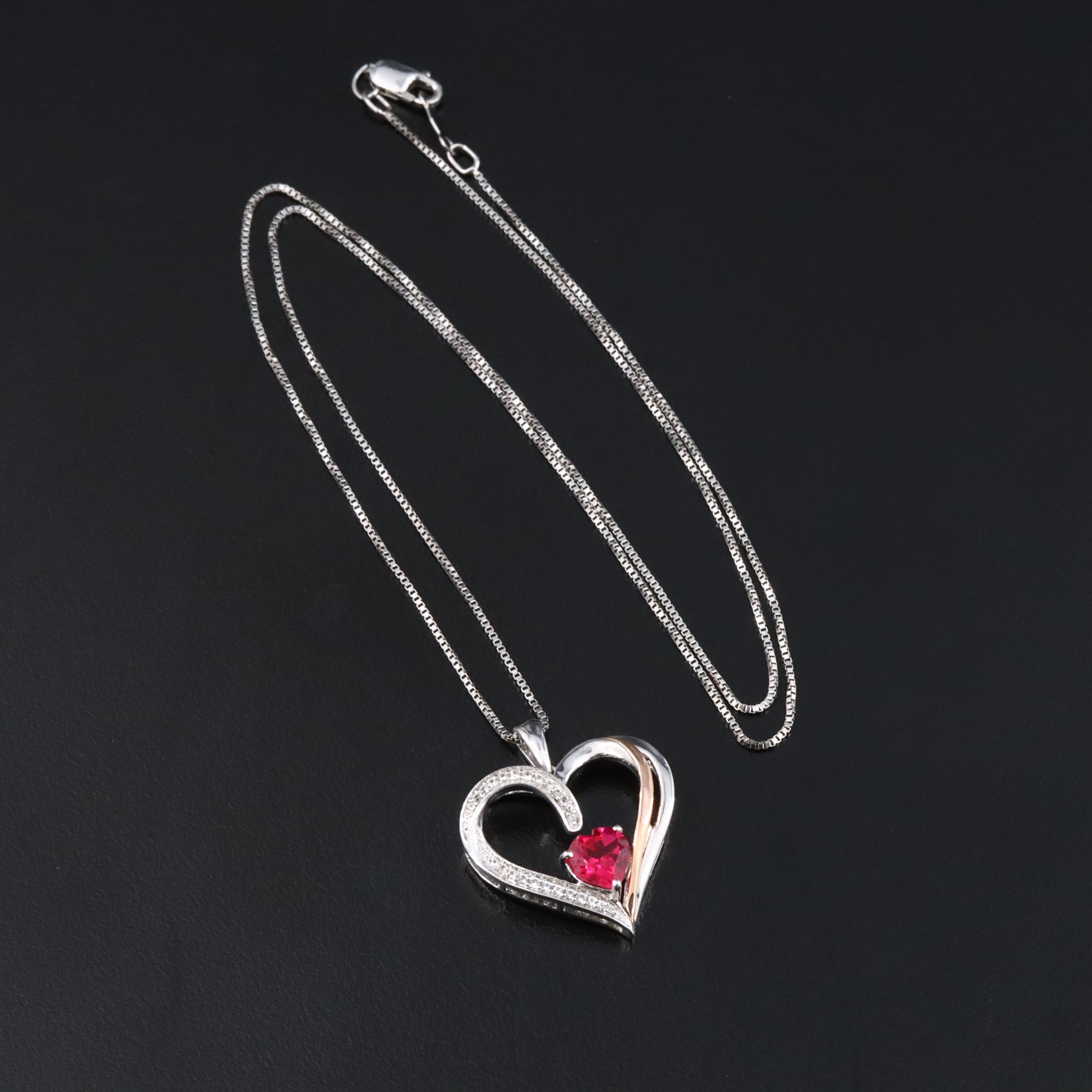 Sterling Ruby and White Sapphire Heart Pendant Necklace
