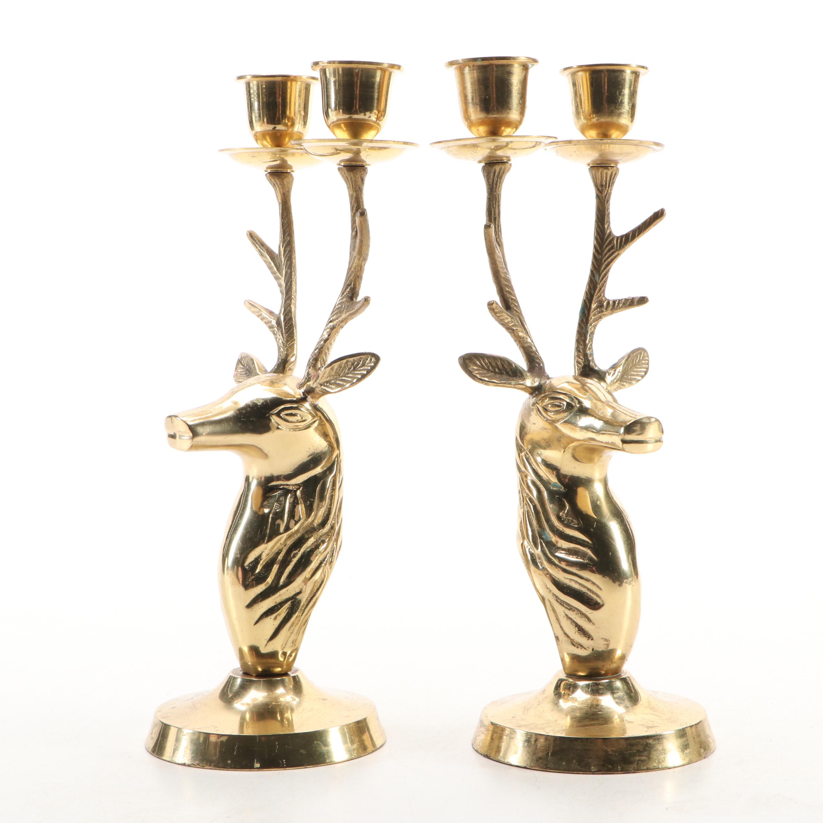 Pair of Indian Brass Stag Head Candlesticks