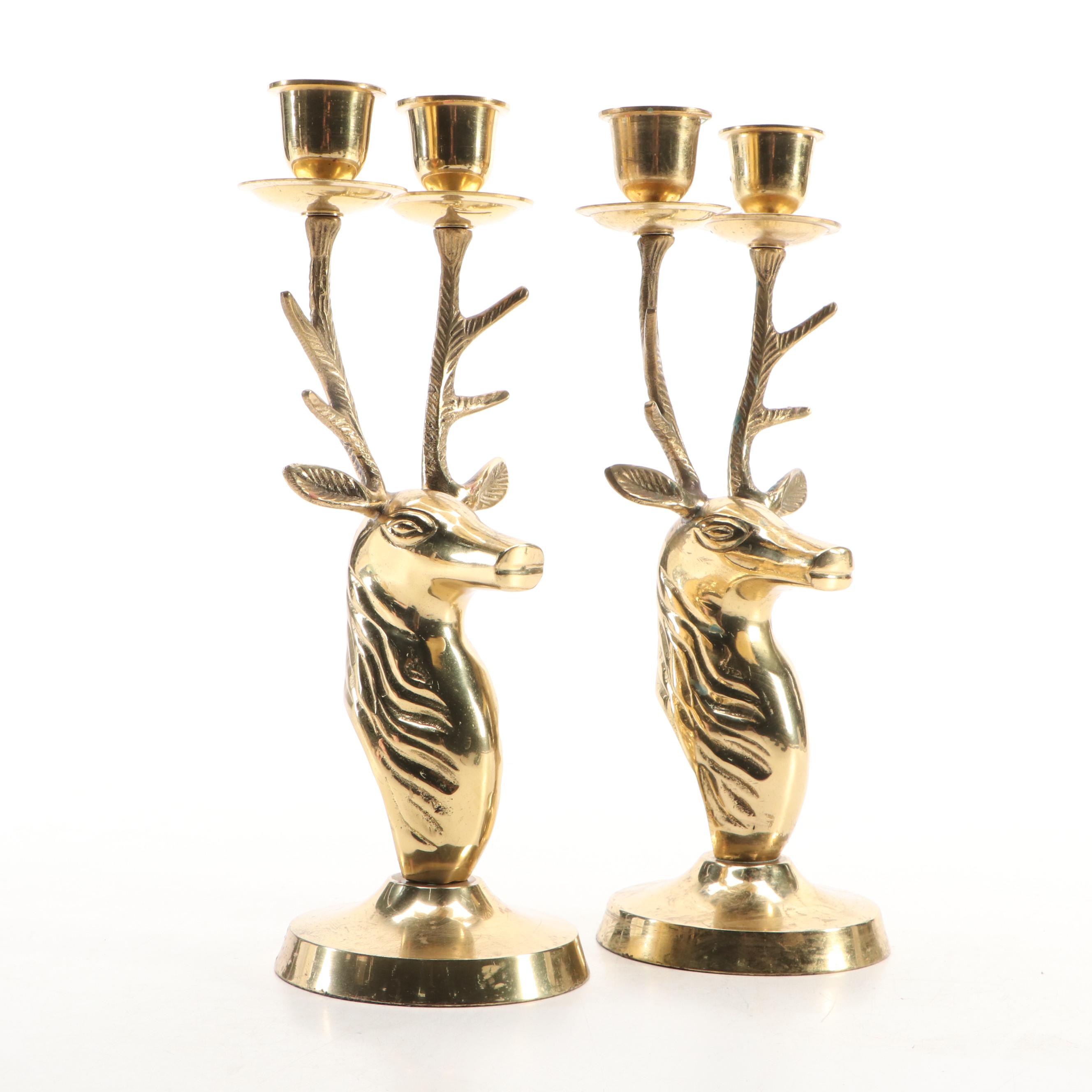Pair of Indian Brass Stag Head Candlesticks