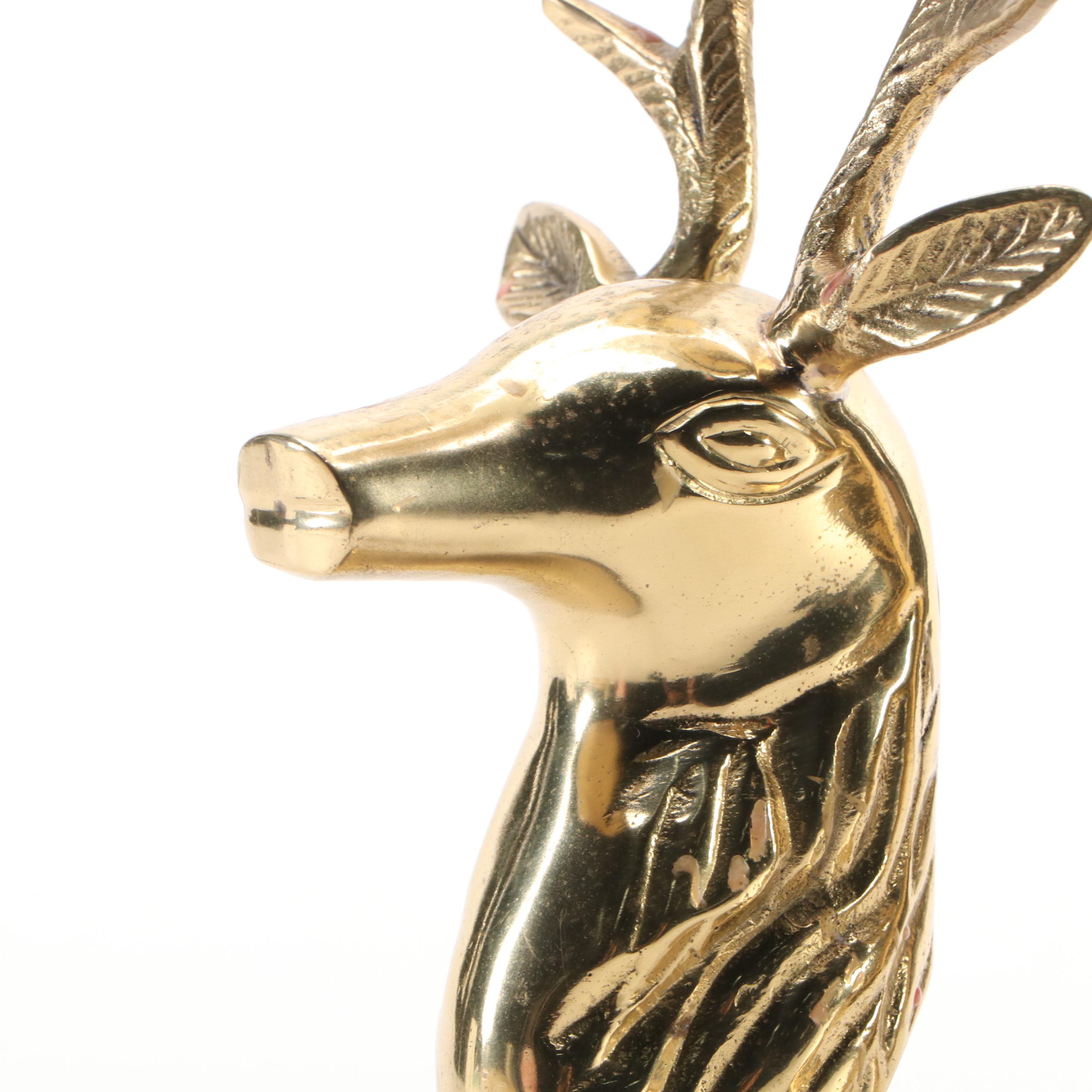 Pair of Indian Brass Stag Head Candlesticks