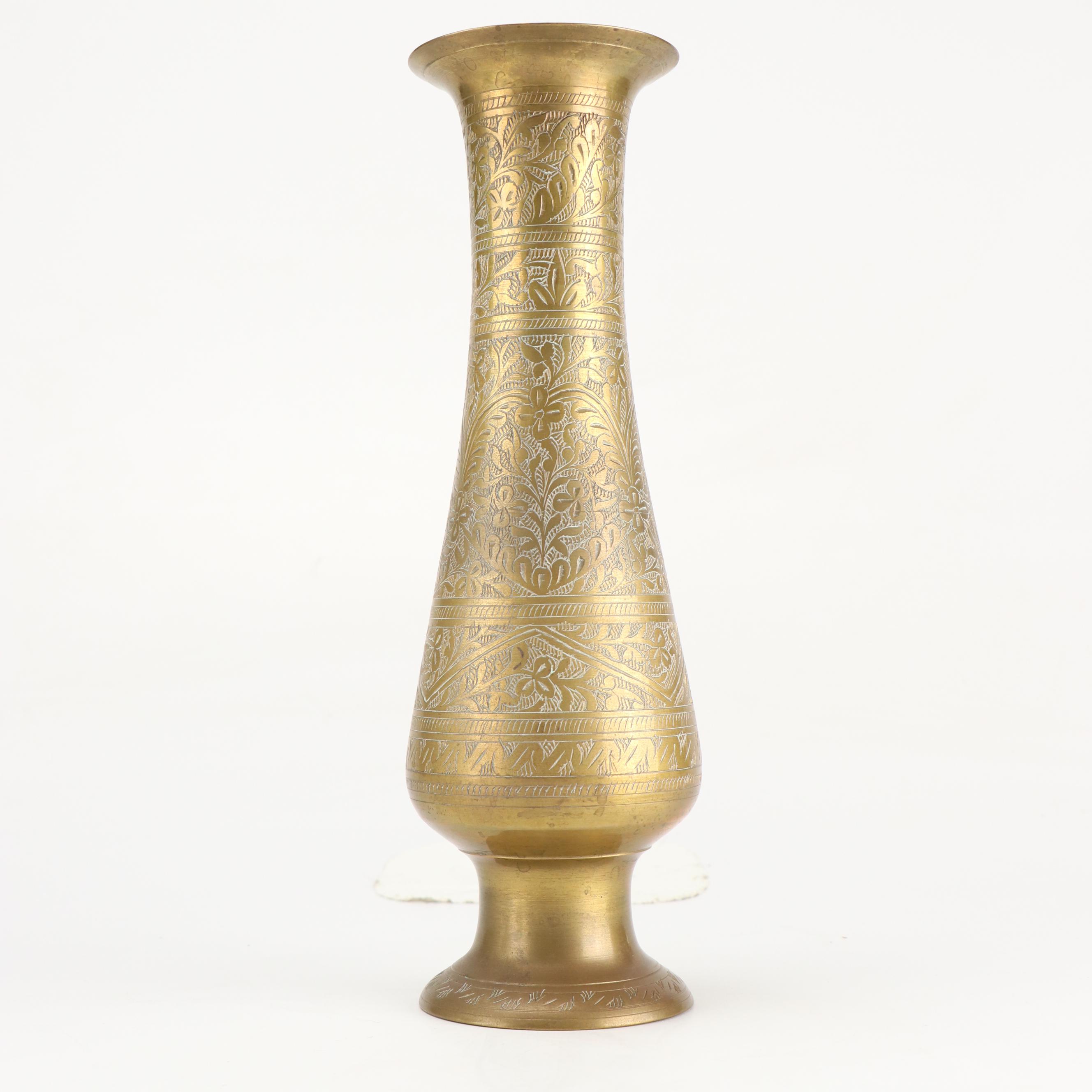 Indian Etched Brass Vase with Other Urn and Candlesticks and Creamer