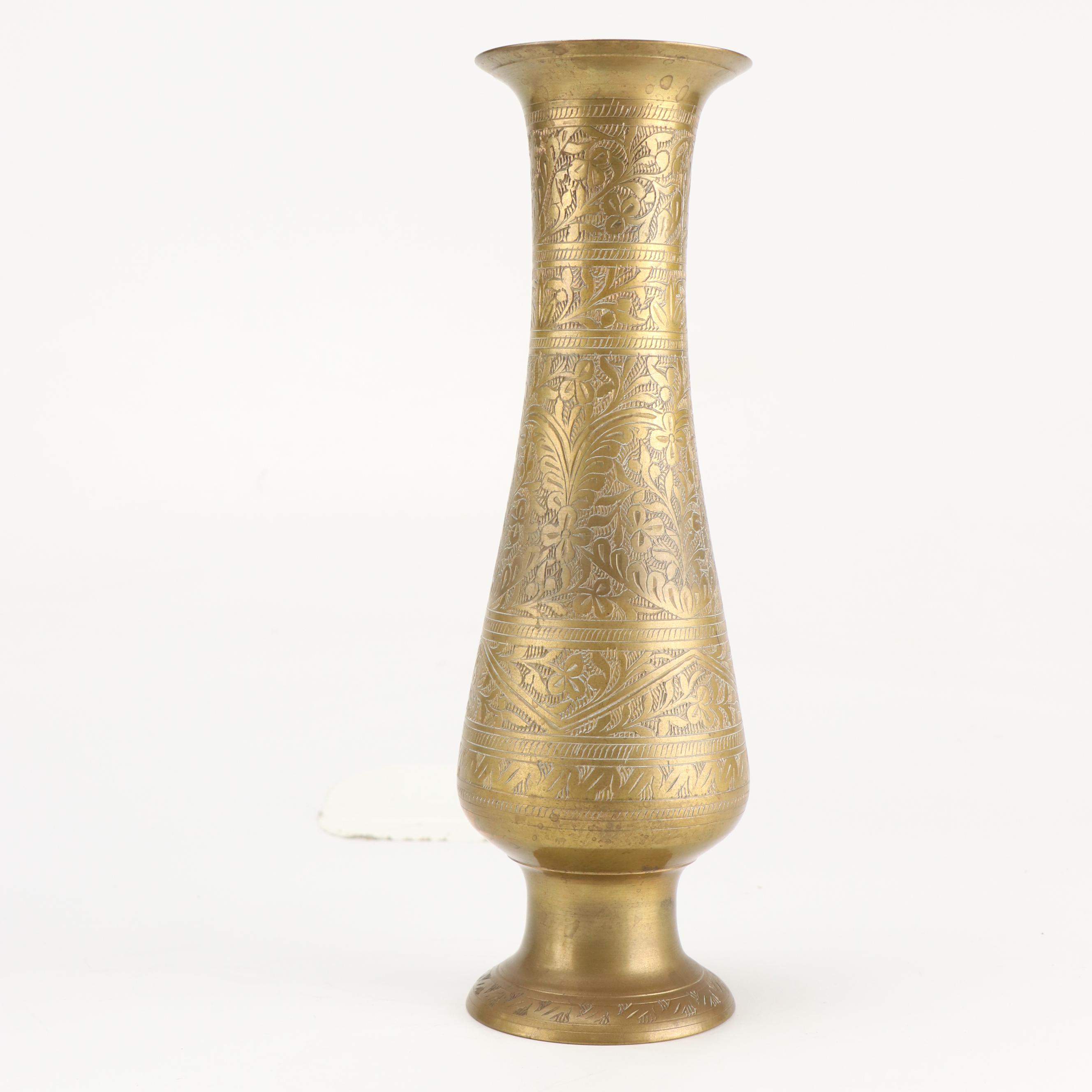 Indian Etched Brass Vase with Other Urn and Candlesticks and Creamer