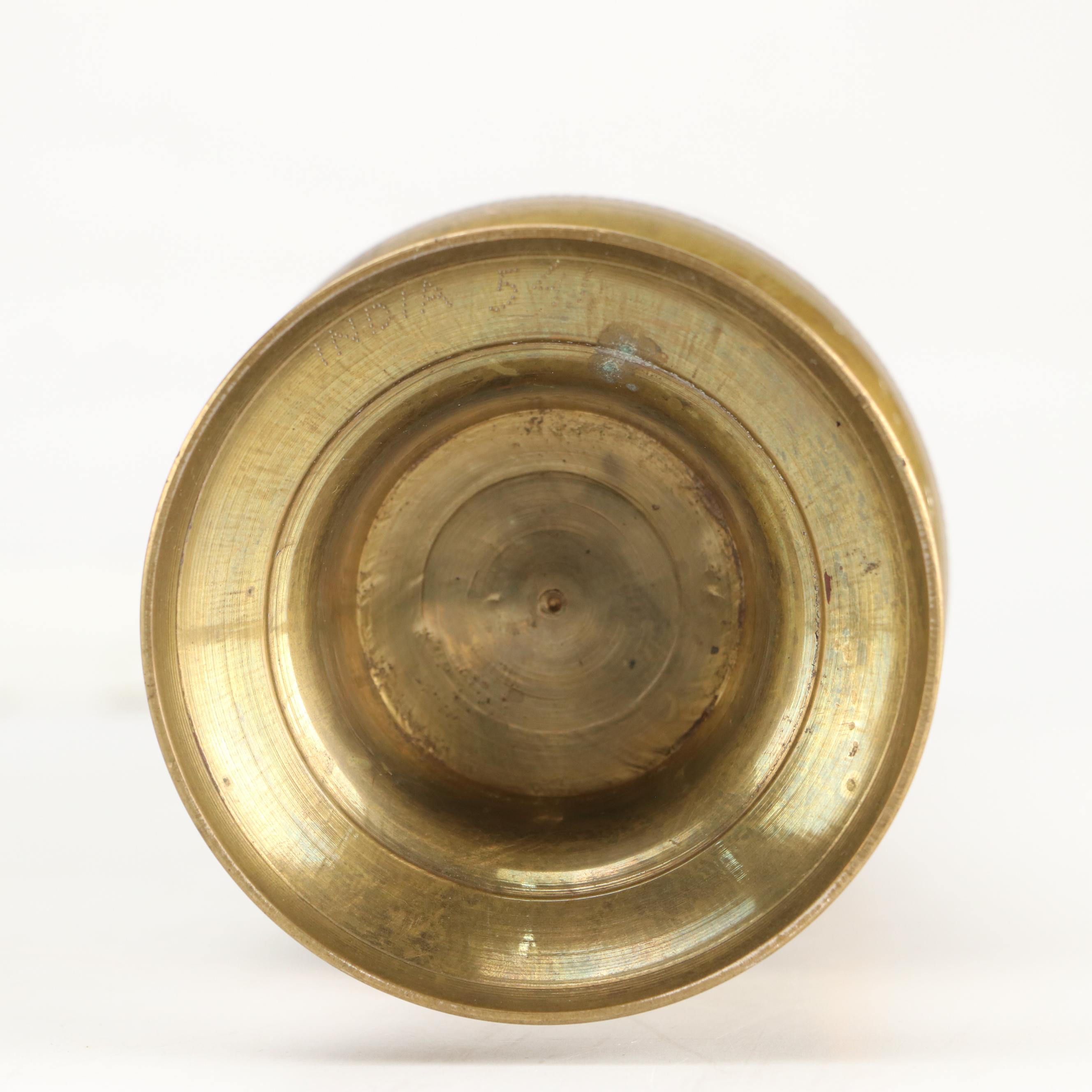 Indian Etched Brass Vase with Other Urn and Candlesticks and Creamer