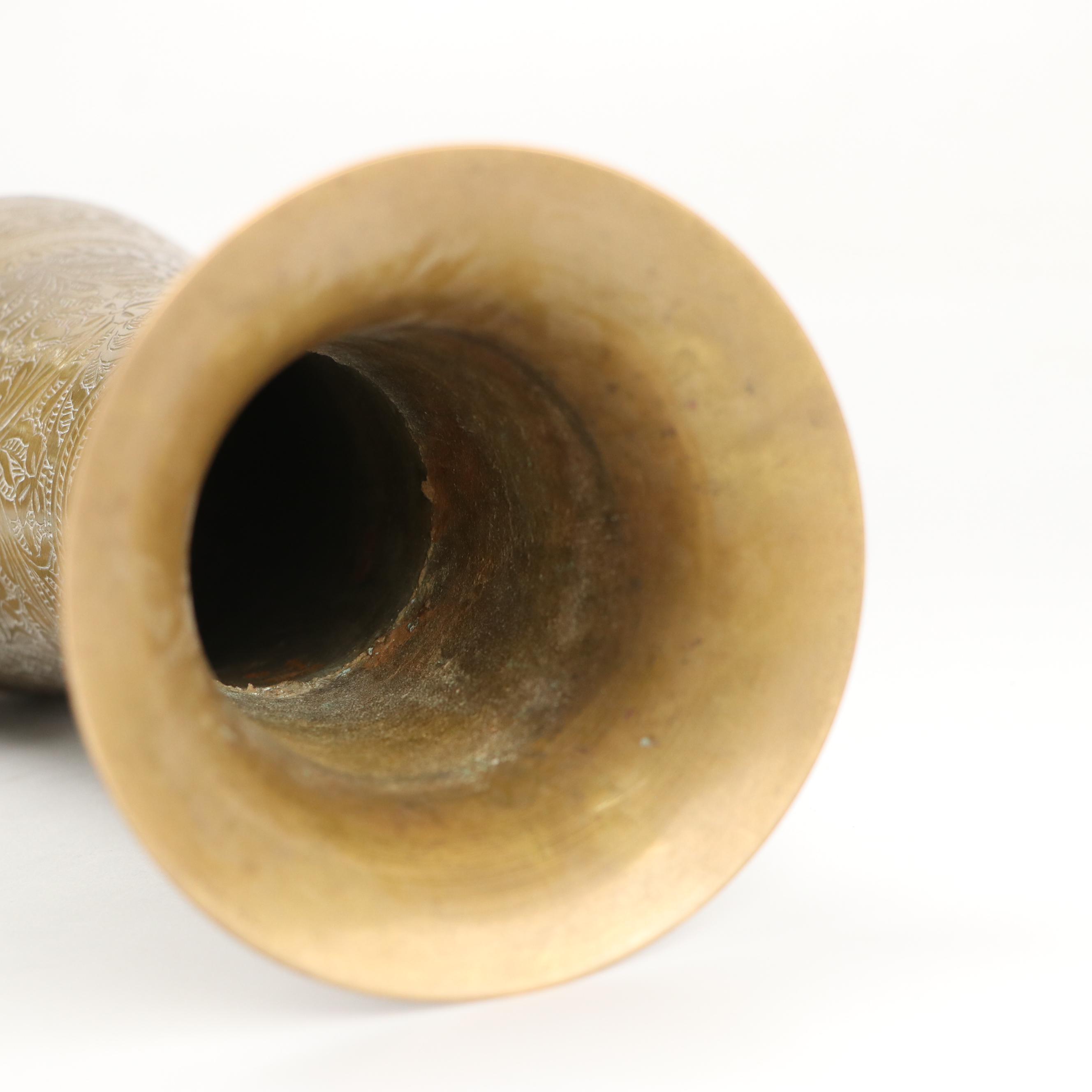 Indian Etched Brass Vase with Other Urn and Candlesticks and Creamer