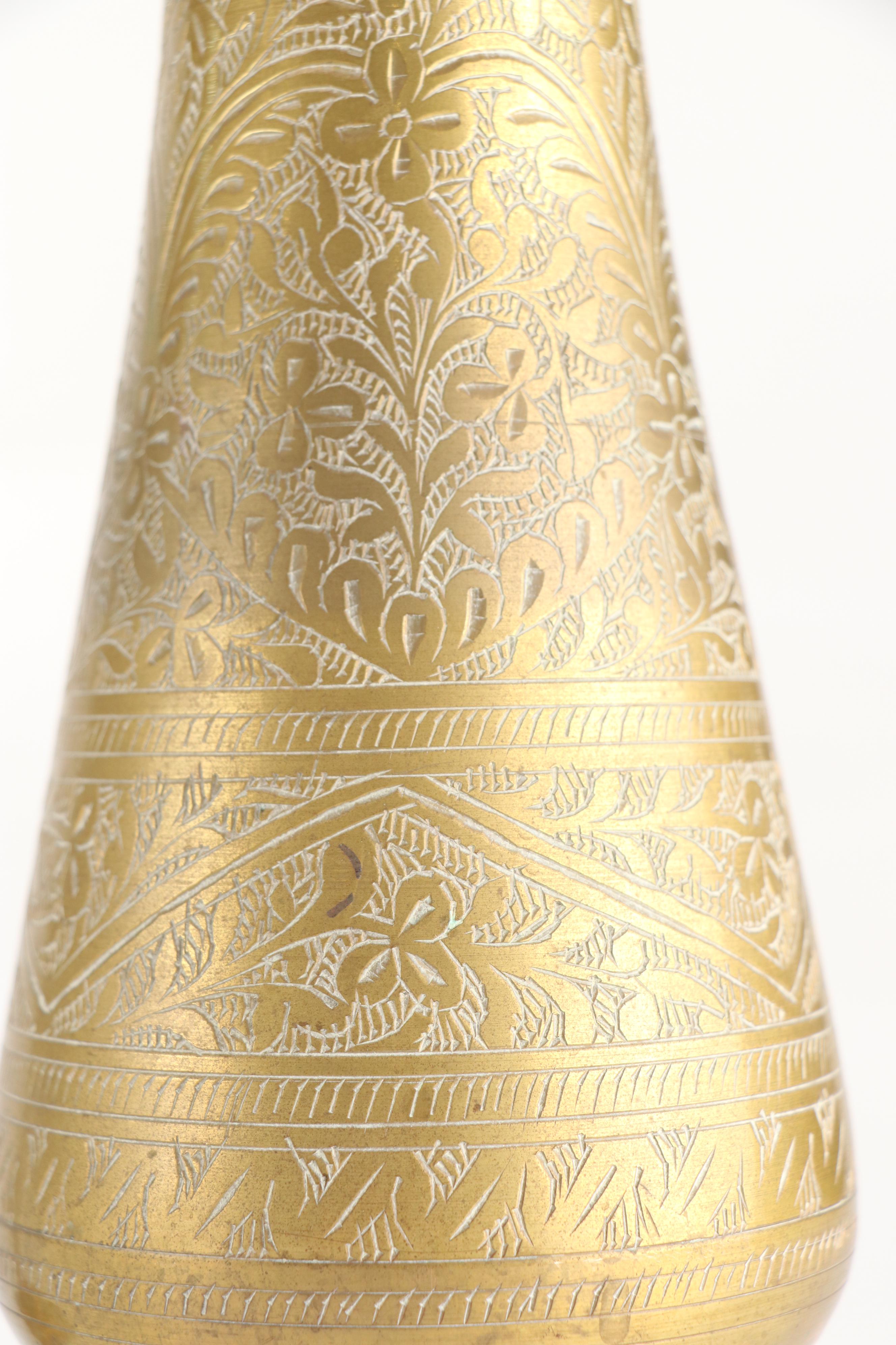 Indian Etched Brass Vase with Other Urn and Candlesticks and Creamer