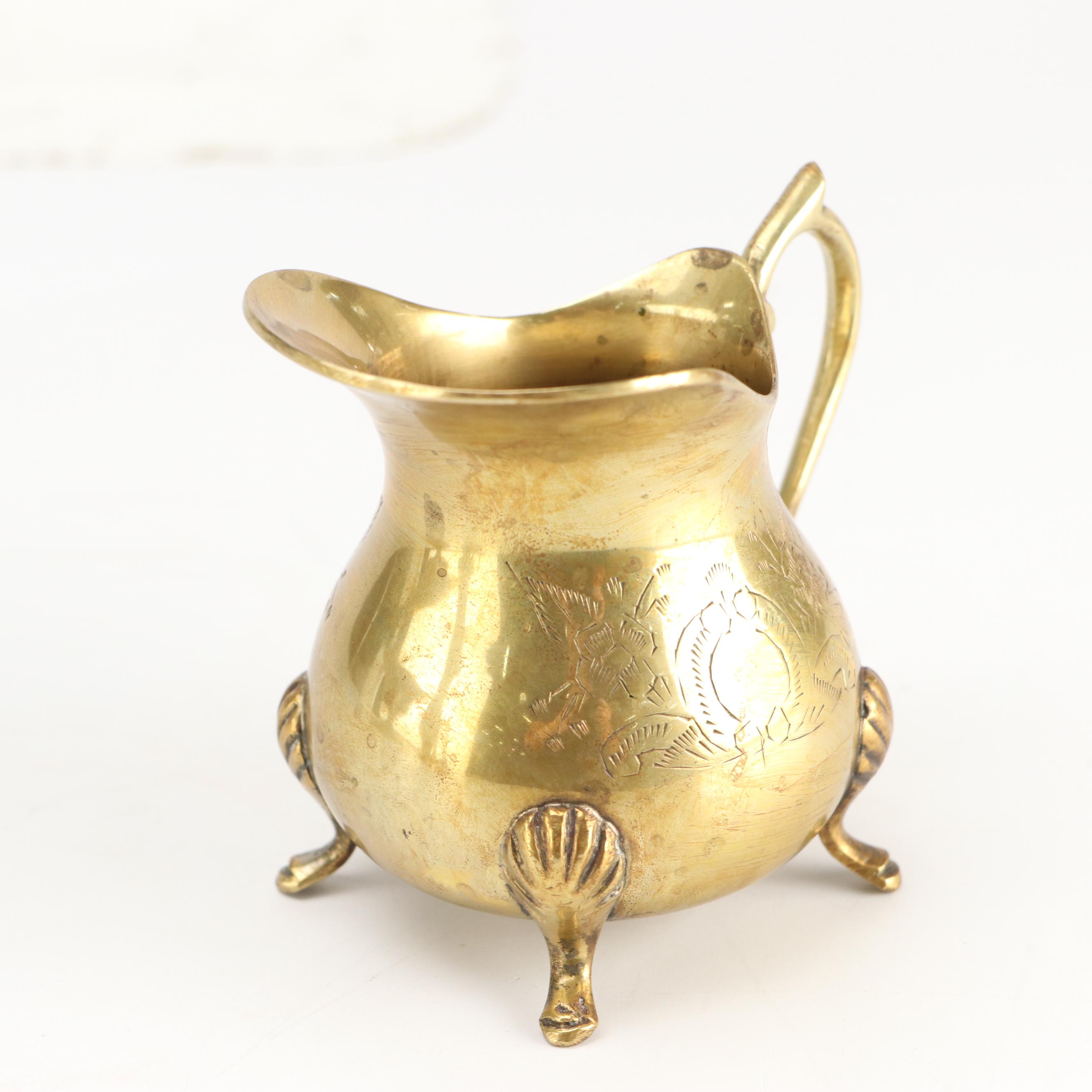 Indian Etched Brass Vase with Other Urn and Candlesticks and Creamer
