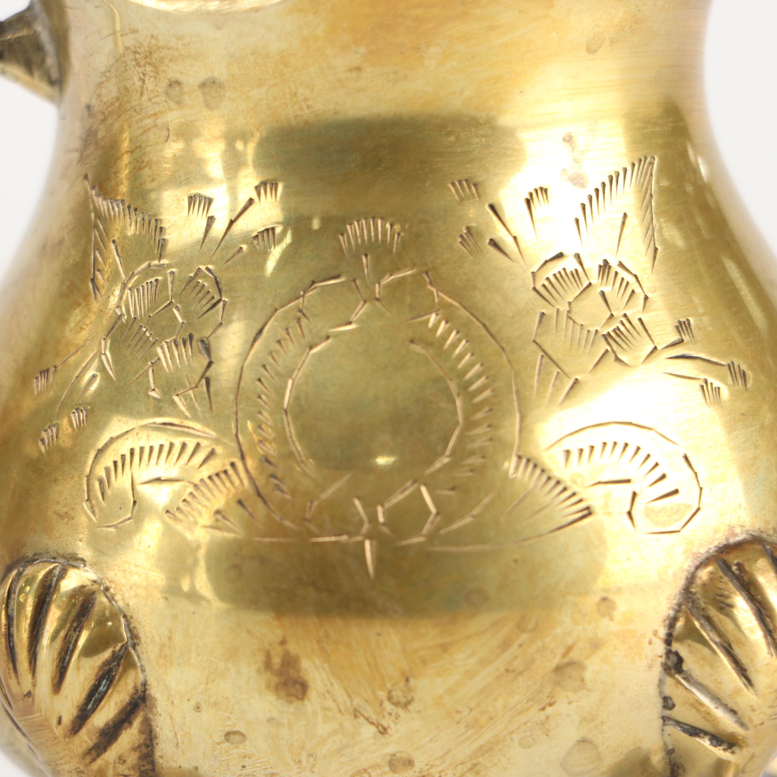 Indian Etched Brass Vase with Other Urn and Candlesticks and Creamer