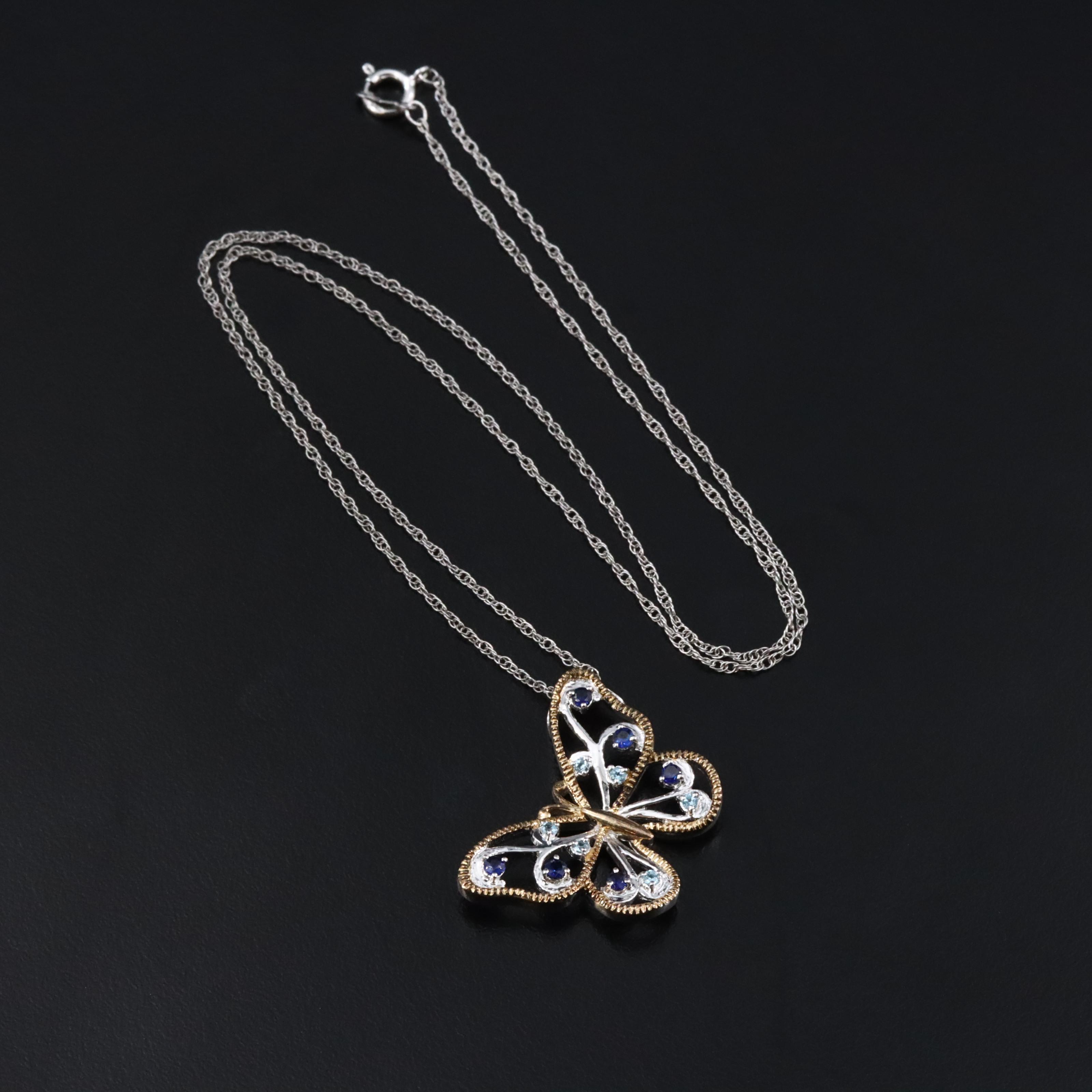 Sterling Sapphire and Topaz Butterfly Pendant Necklace