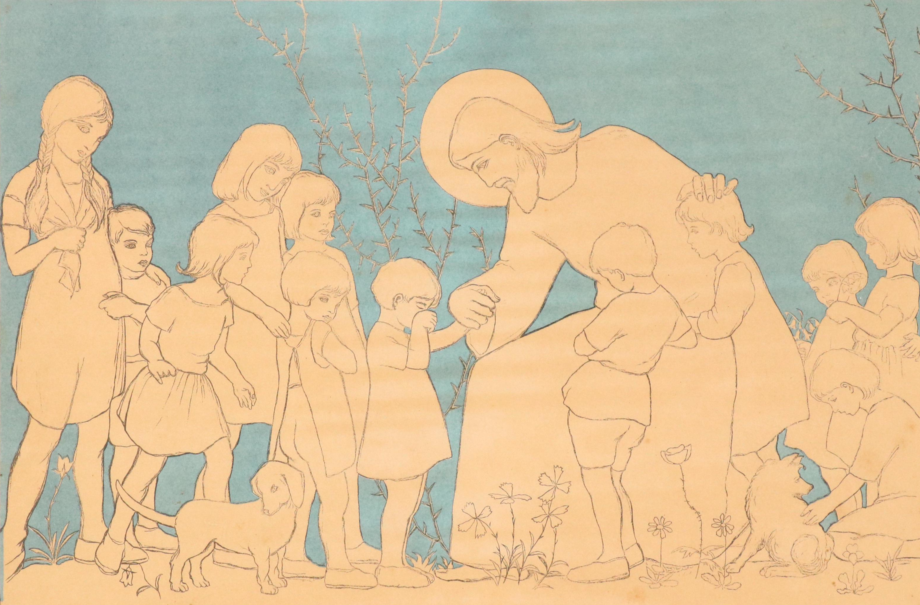 Bella Vichon Color Lithograph "Christ With Children"