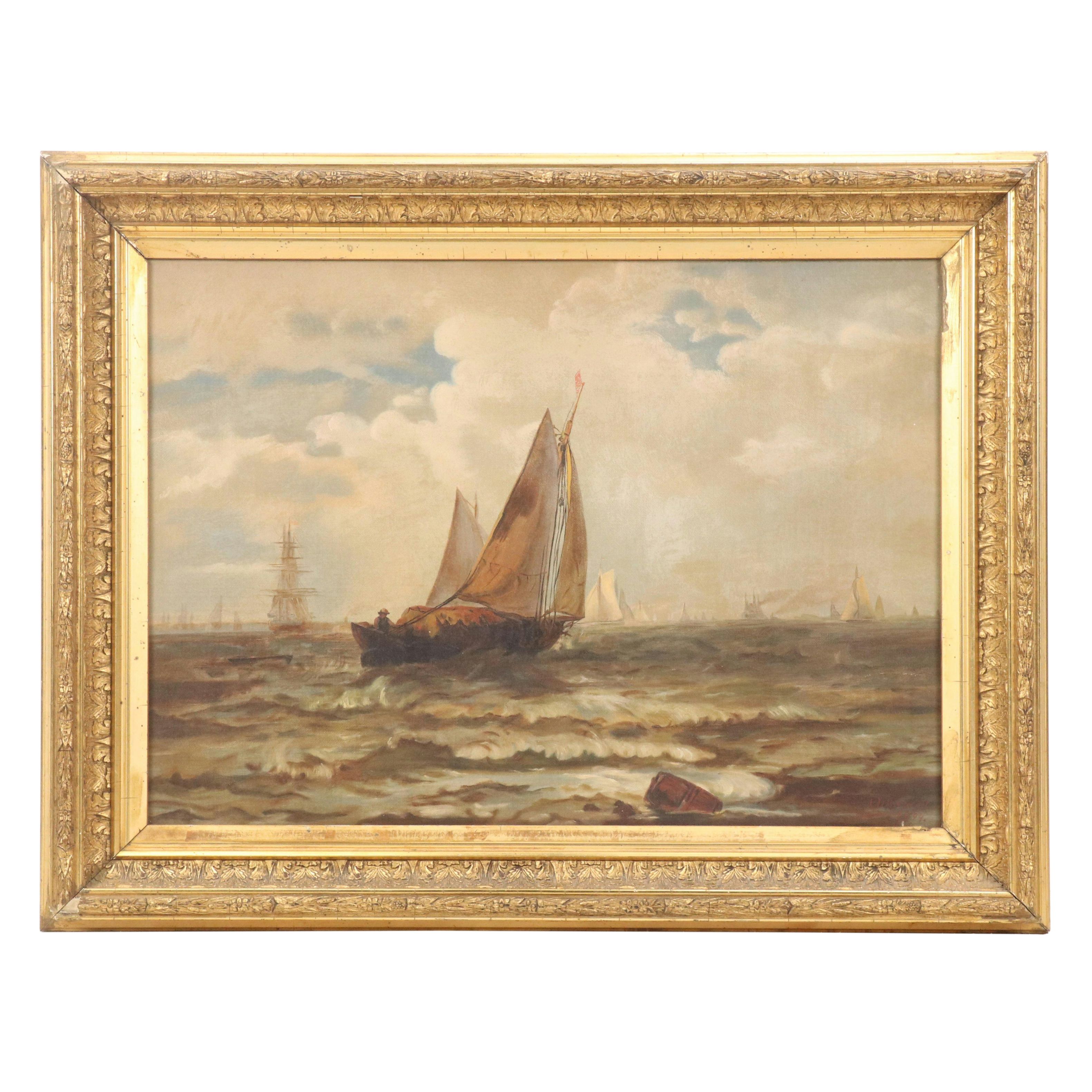 L. D. Harcourt Marine Oil Painting of Sailboats at Sea, 1894