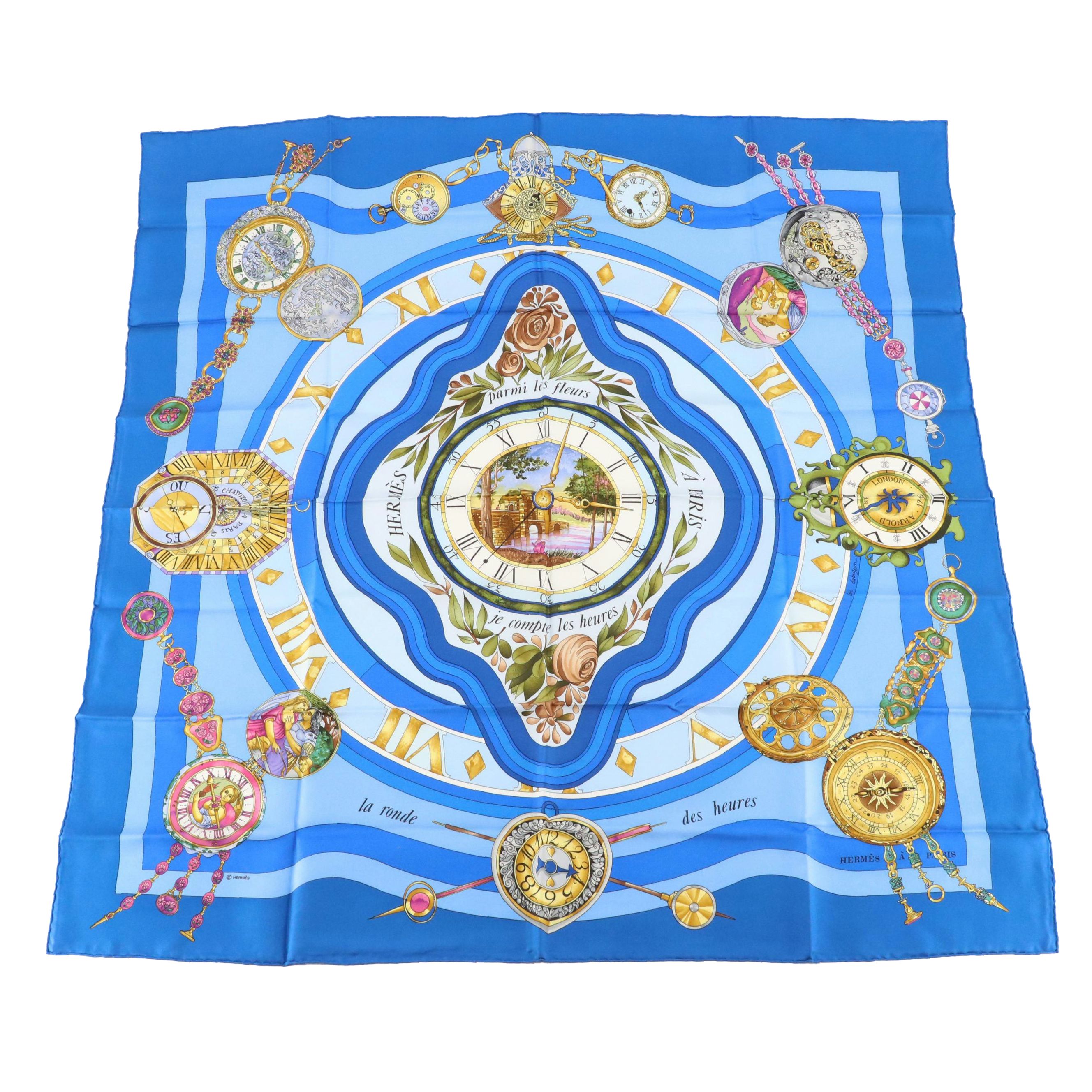 Hermès "La Ronde des Heures" Scarf 90 in Silk Twill