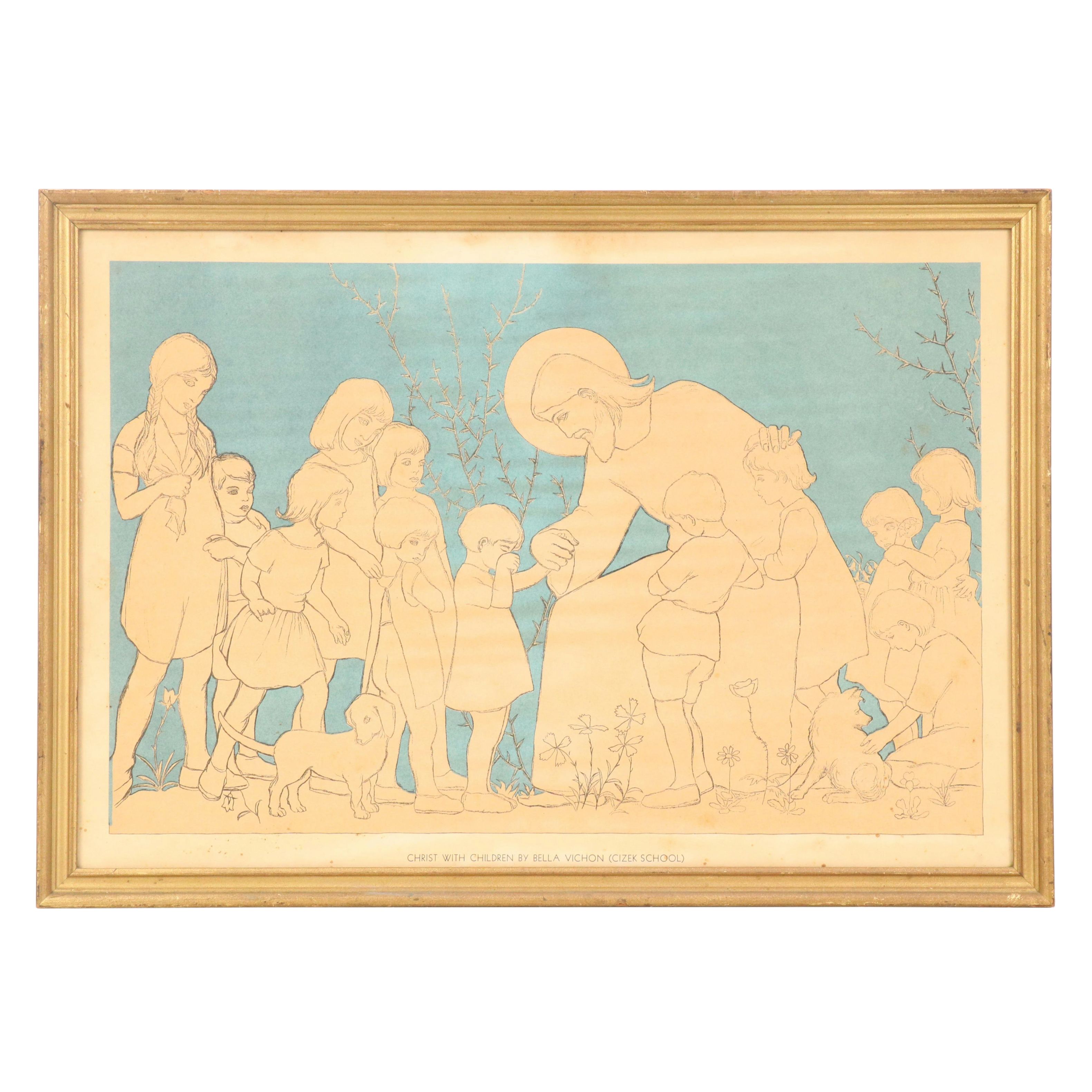 Bella Vichon Color Lithograph "Christ With Children"