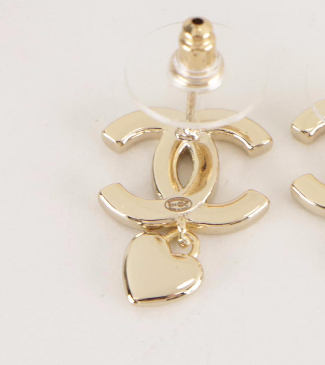 Chanel Crystal CC Heart Drop Earrings