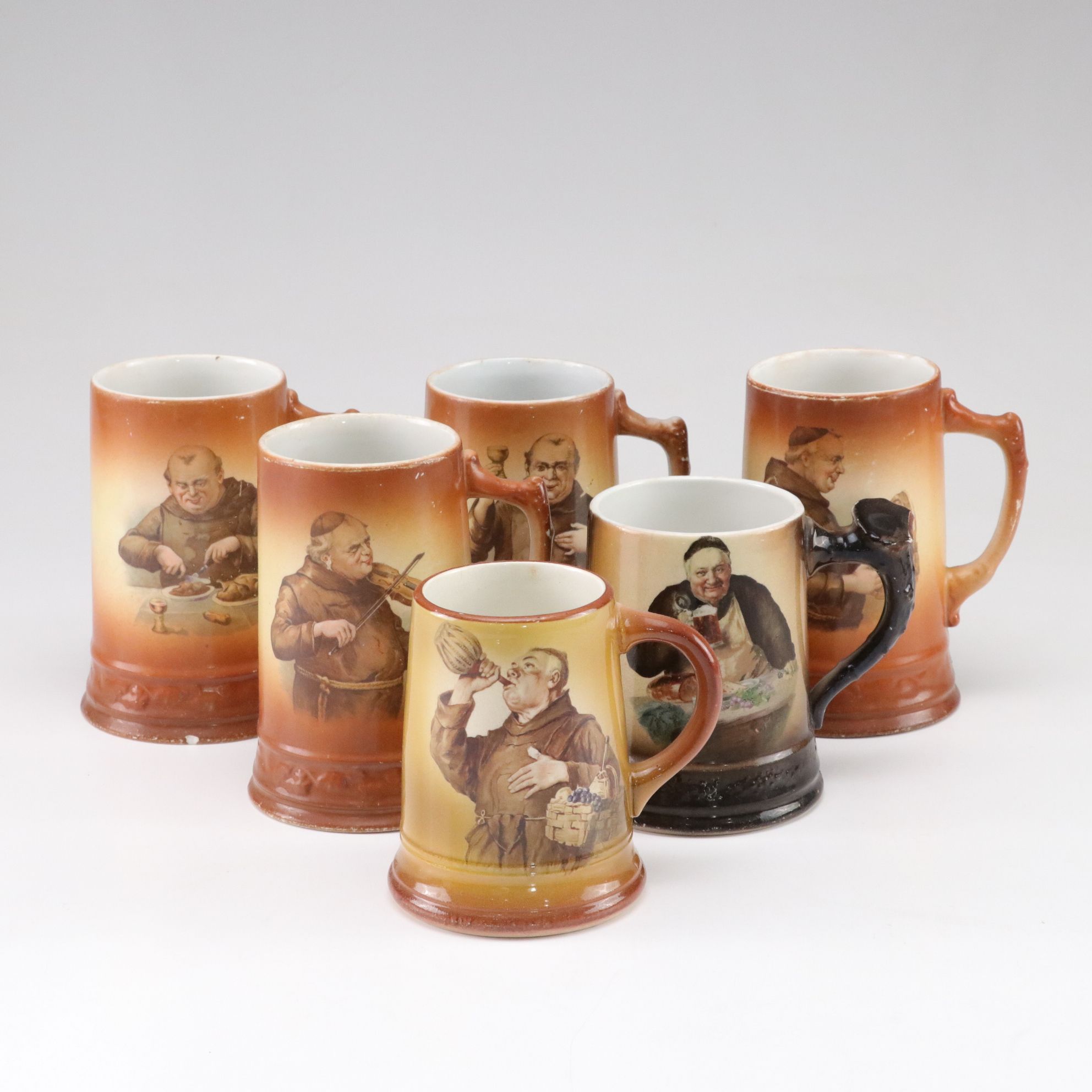 Six Porcelain Beer Steins with Print Images of Monks, Mid to Late 20th Century