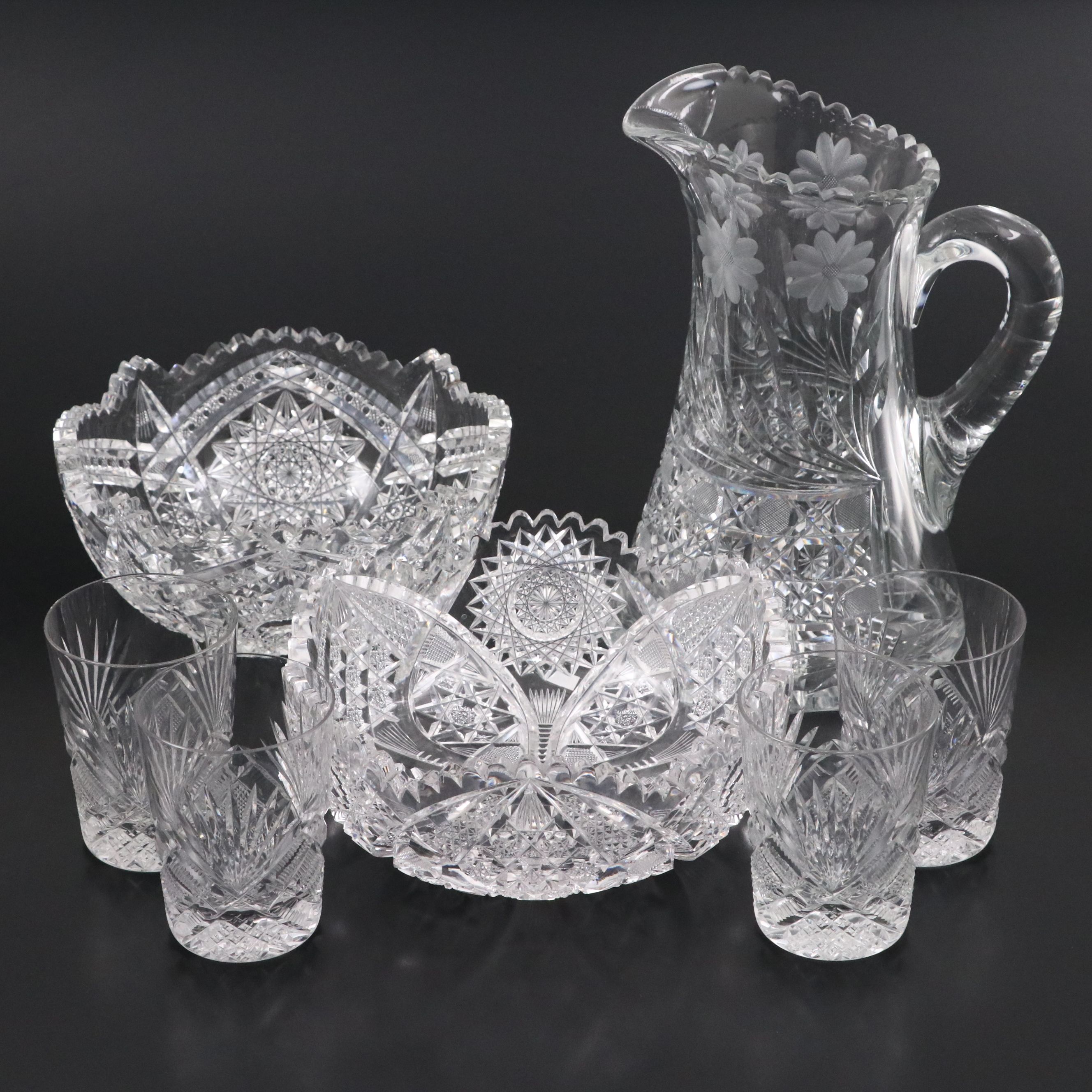American Brilliant Cut Glass Pitcher with Bowls and Tumblers, 20th Century