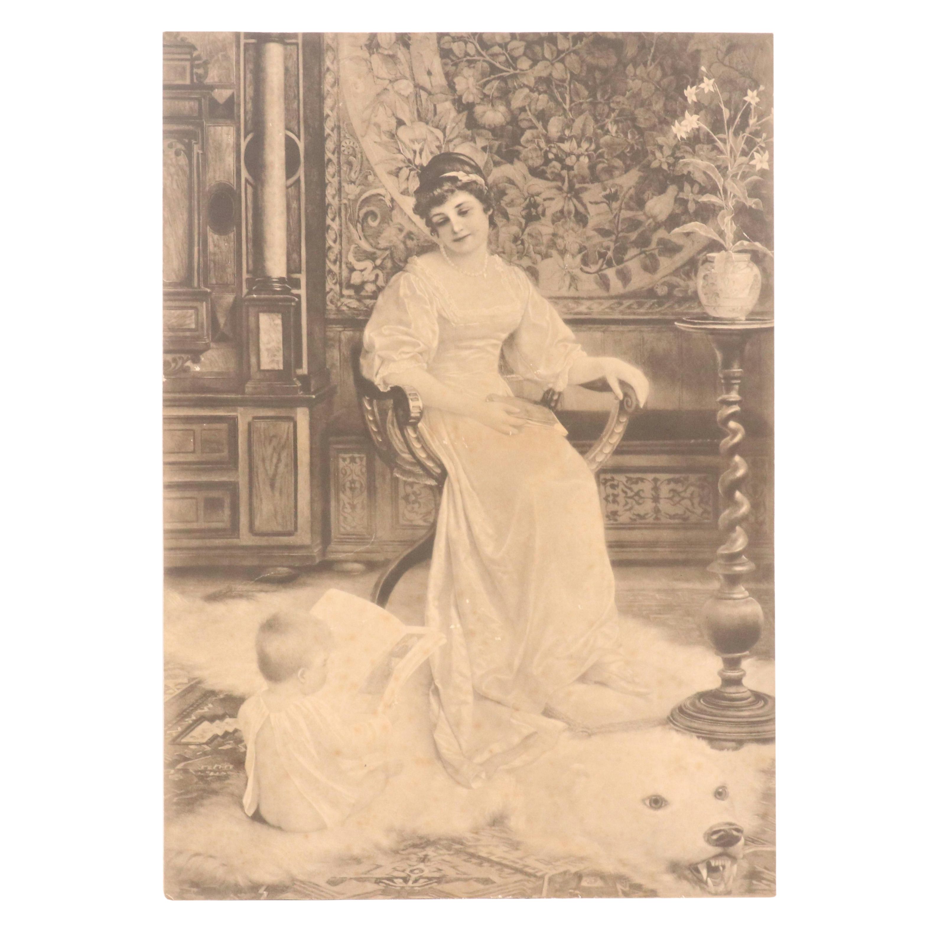 After Cuno Baron Von Bodenhausen Photogravure of Interior With Mother and Baby