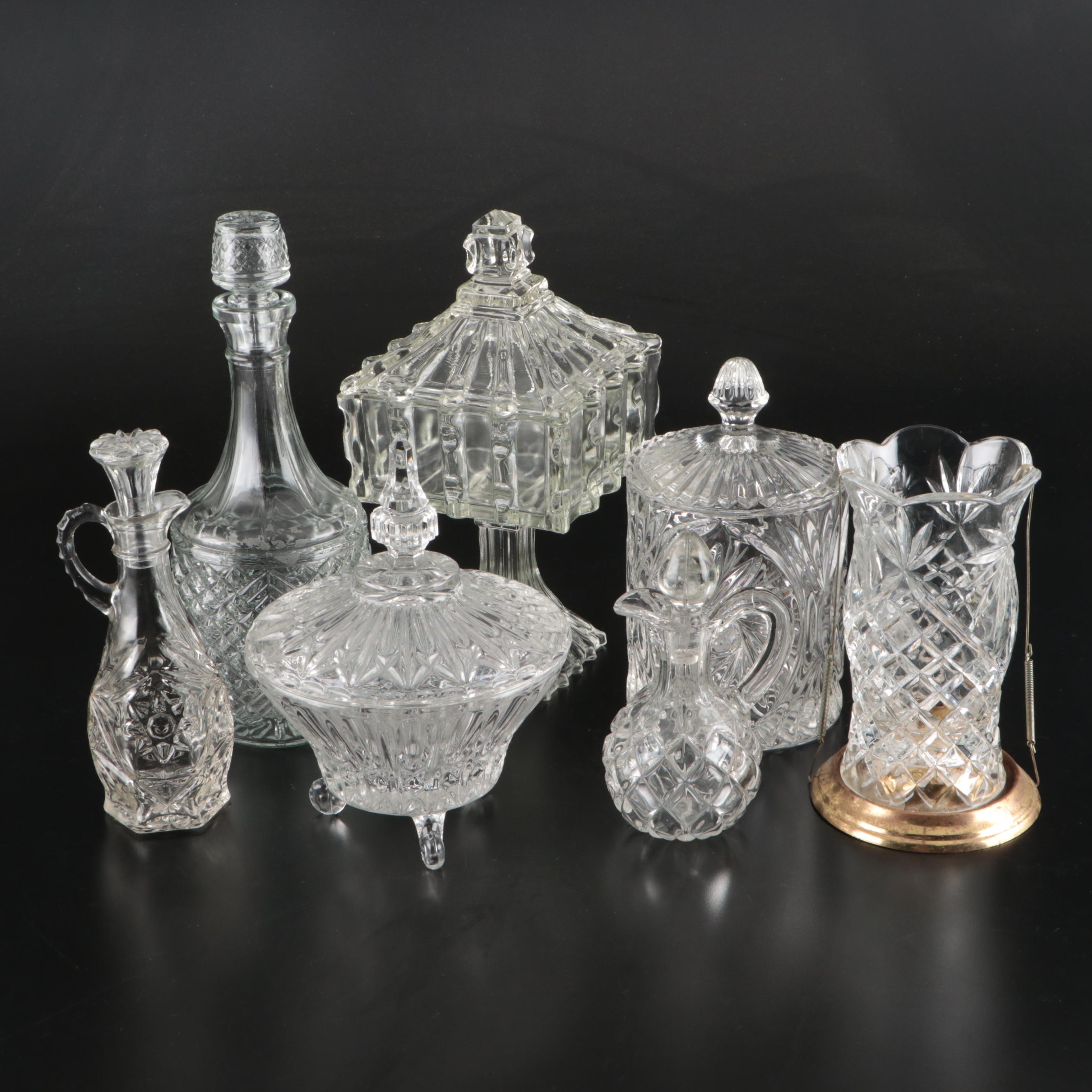 Anchor Hocking Cruet with Other Cut Crystal and Glassware, Mid/Late 20th C.