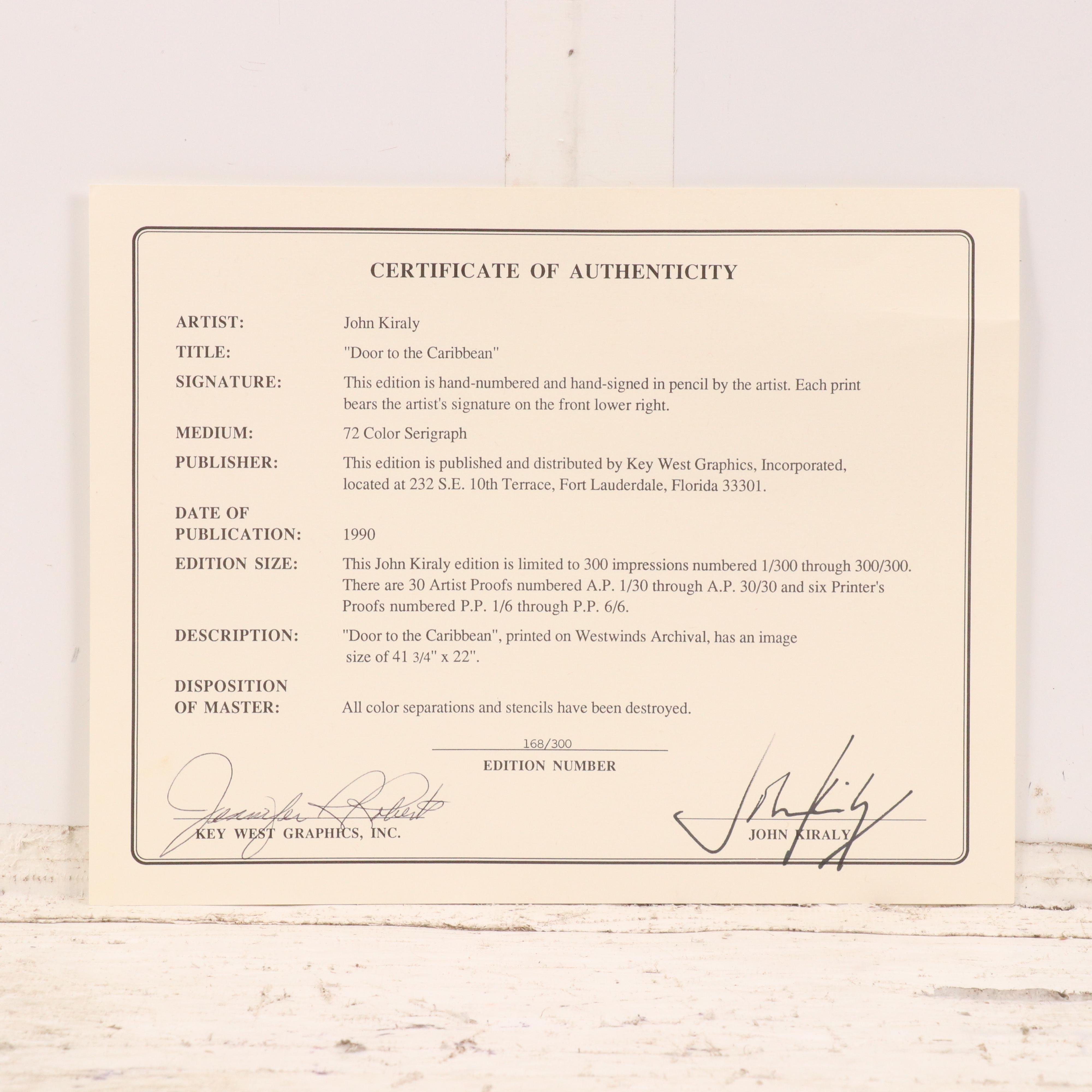 John Kiraly Coastal Courtyard Serigraph "Door to the Caribbean," 1990