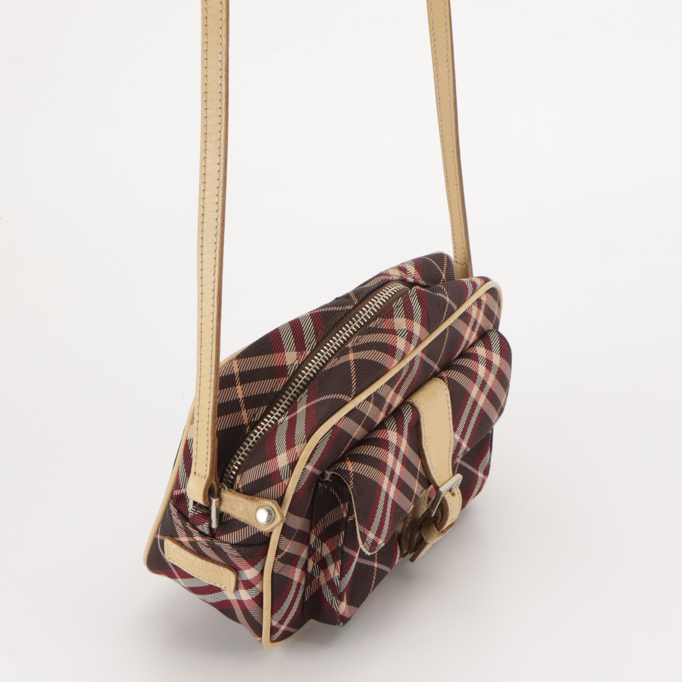 Burberry Blue Label Crossbody Bag in Red Nova Check Canvas and Brown Leather