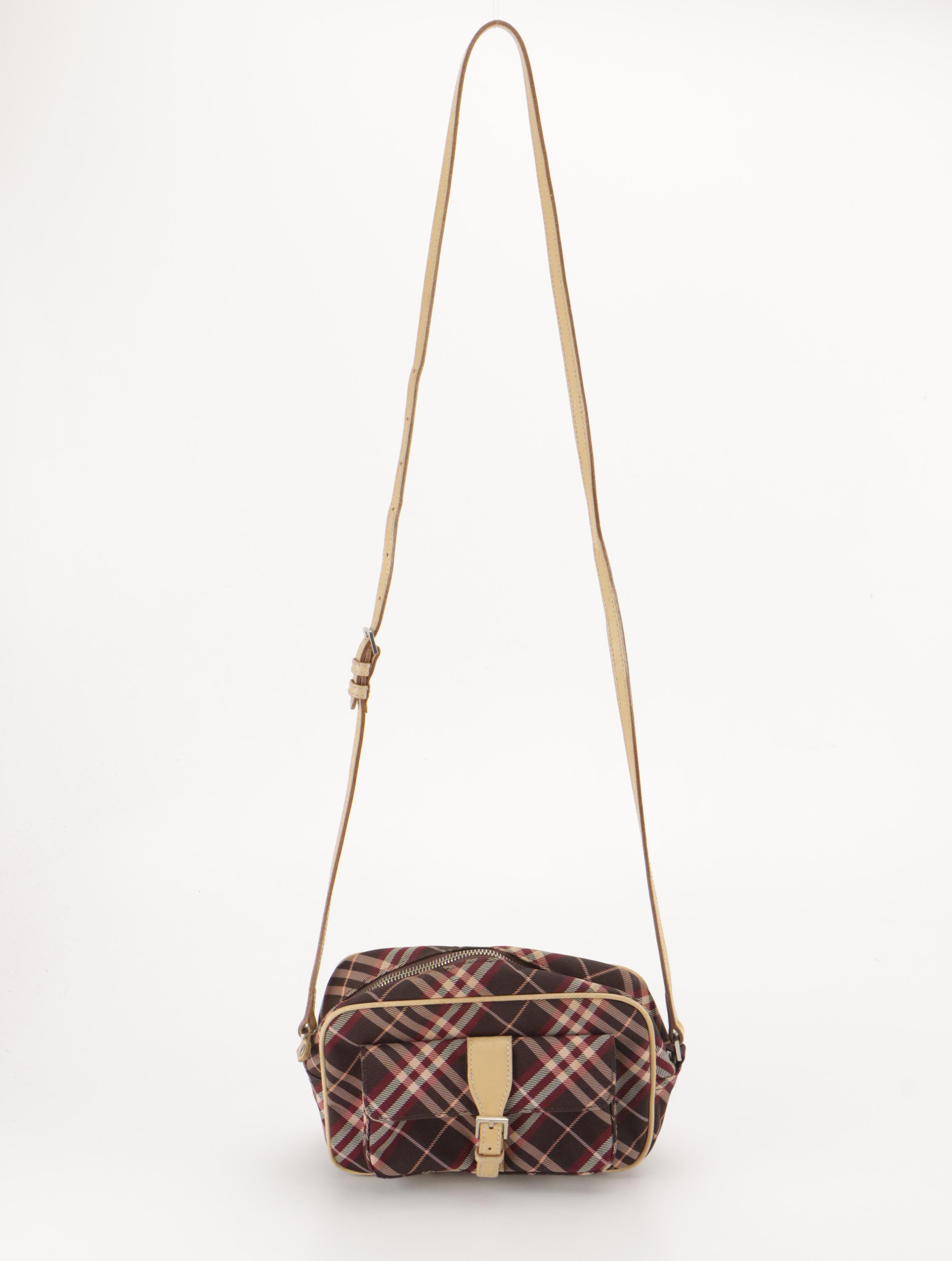 Burberry Blue Label Crossbody Bag in Red Nova Check Canvas and Brown Leather