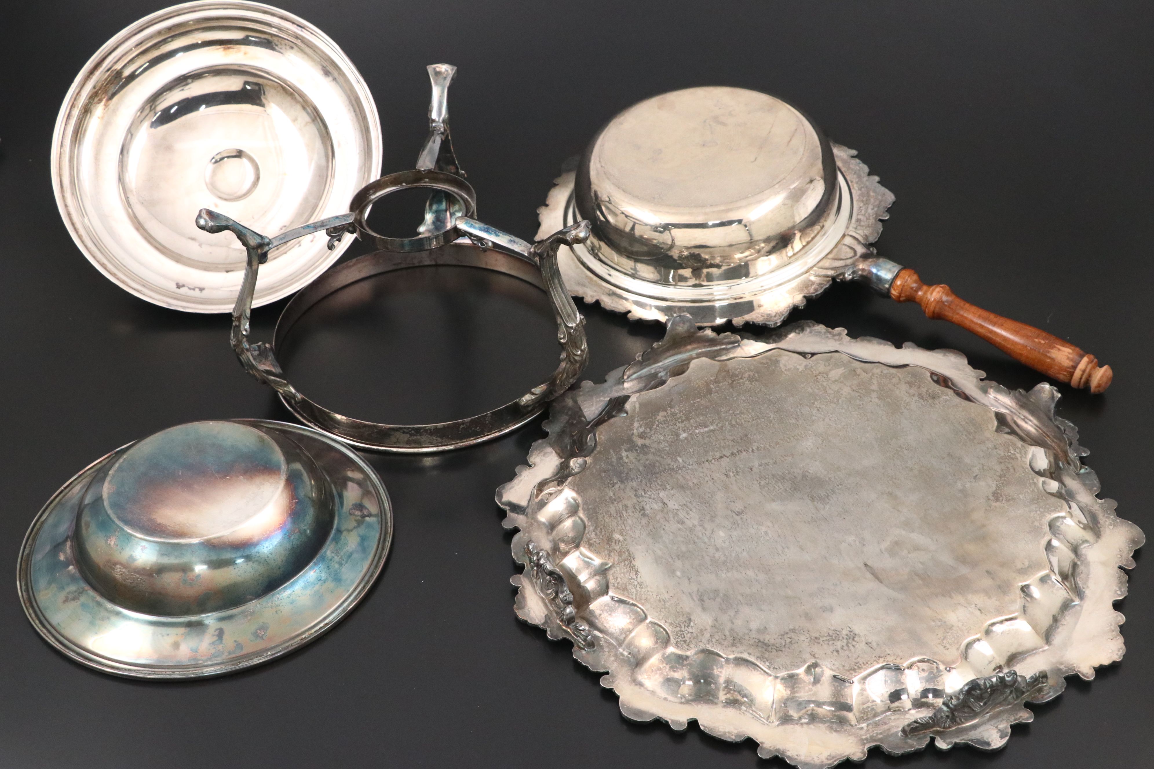 Victorian Style Chafing Dish with Other Silver Plate Serving Pieces