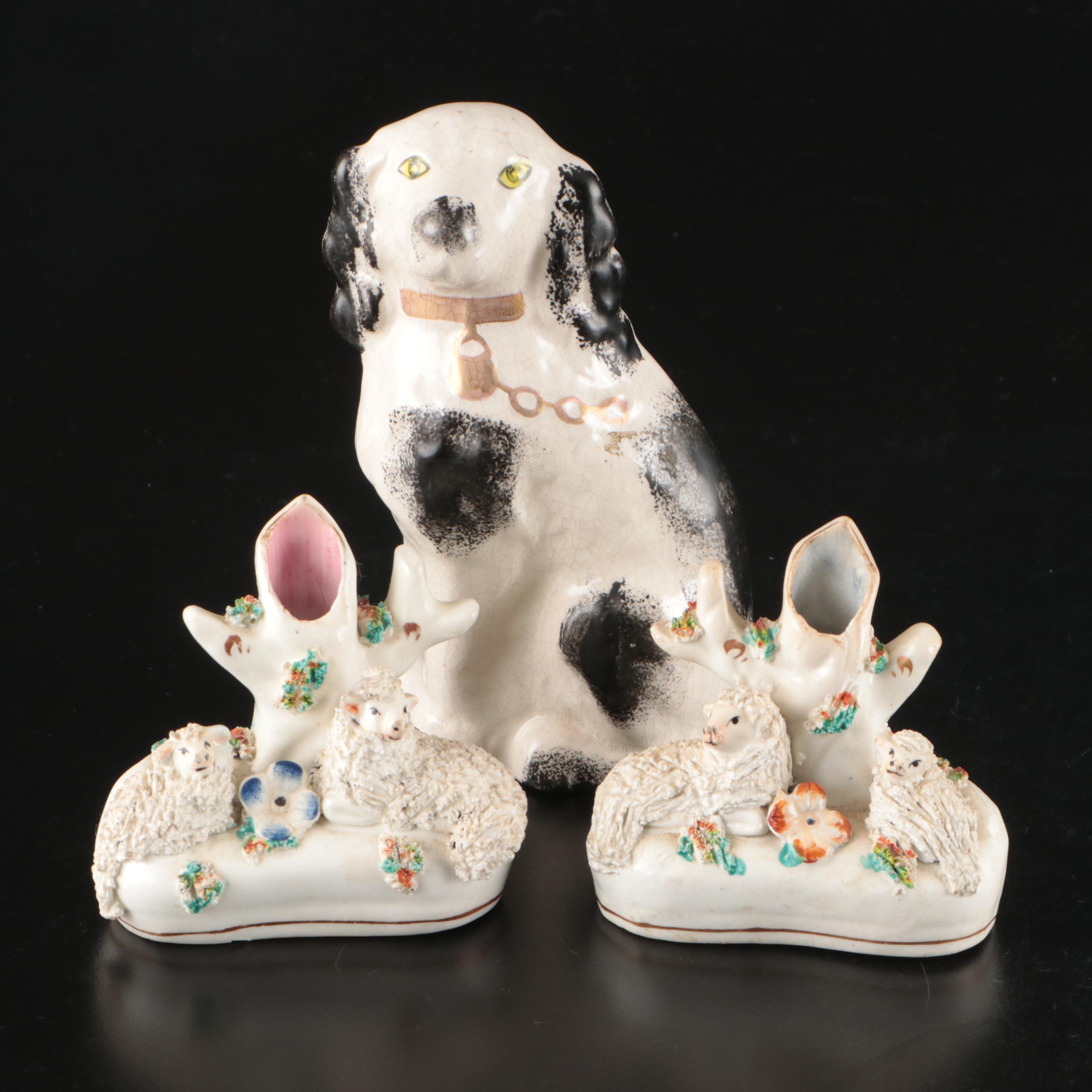 Staffordshire Bocage Small Spill Vases with Other Spaniel Figurine