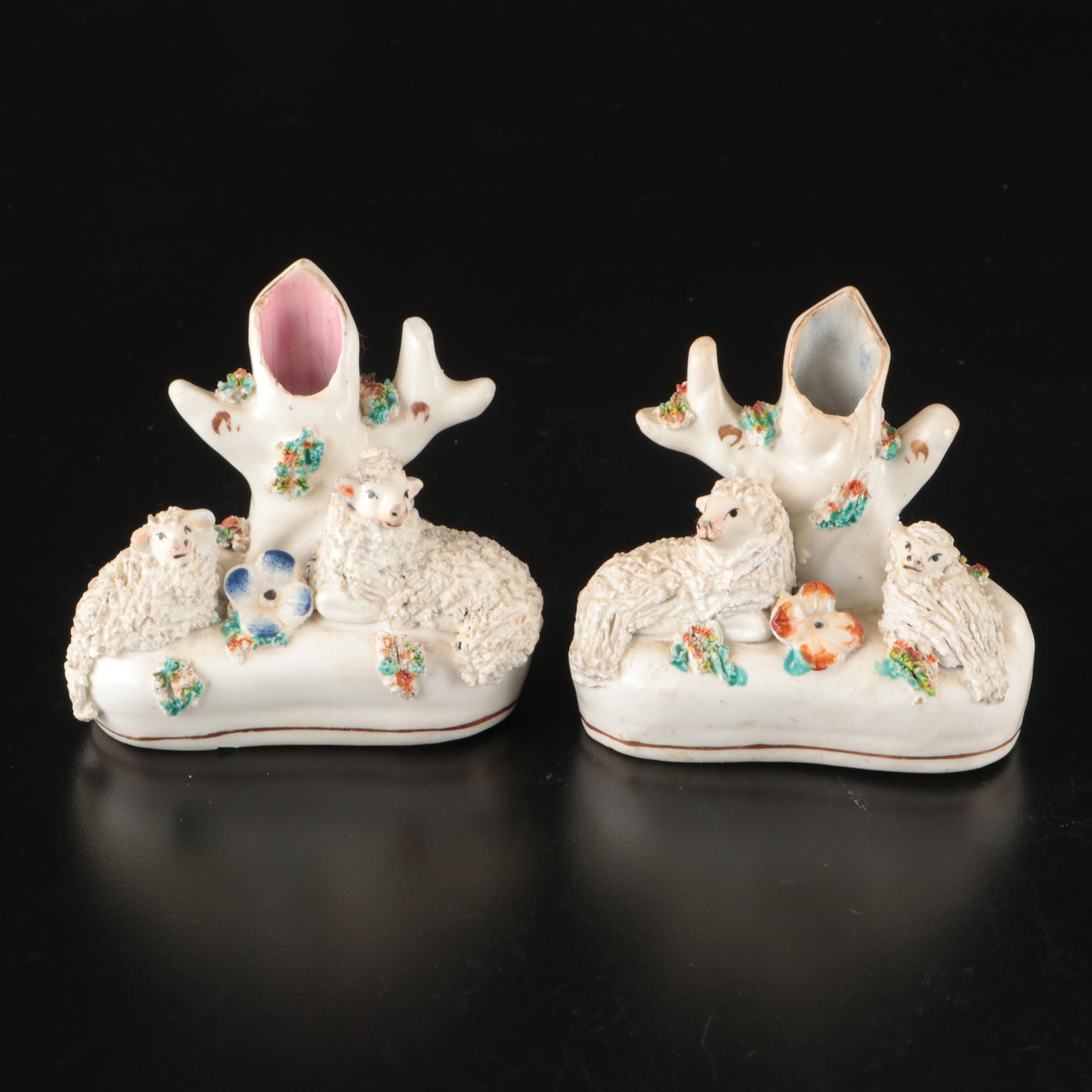 Staffordshire Bocage Small Spill Vases with Other Spaniel Figurine