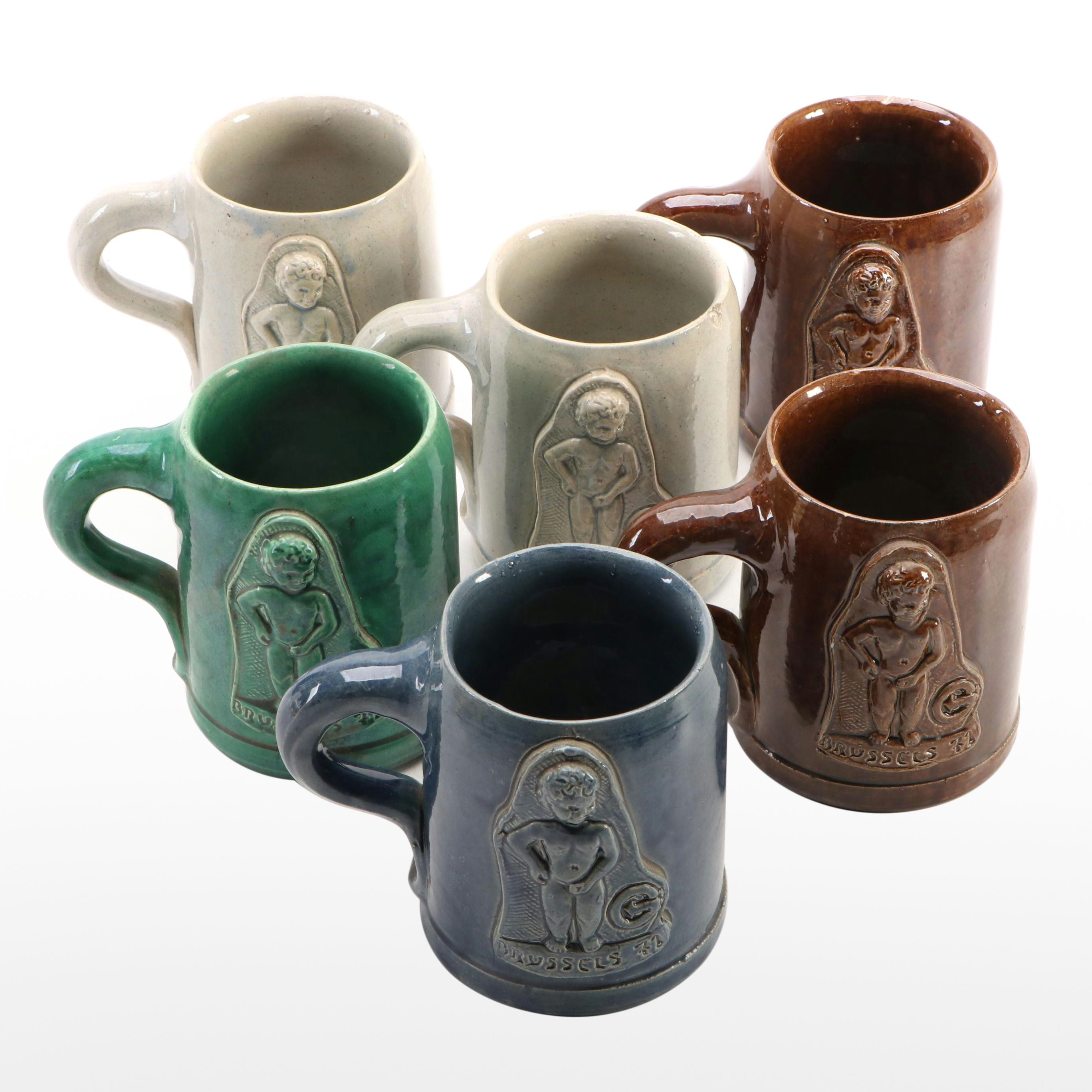 Noseda Kuurne Figural Brussels Stoneware Mugs, 1970s