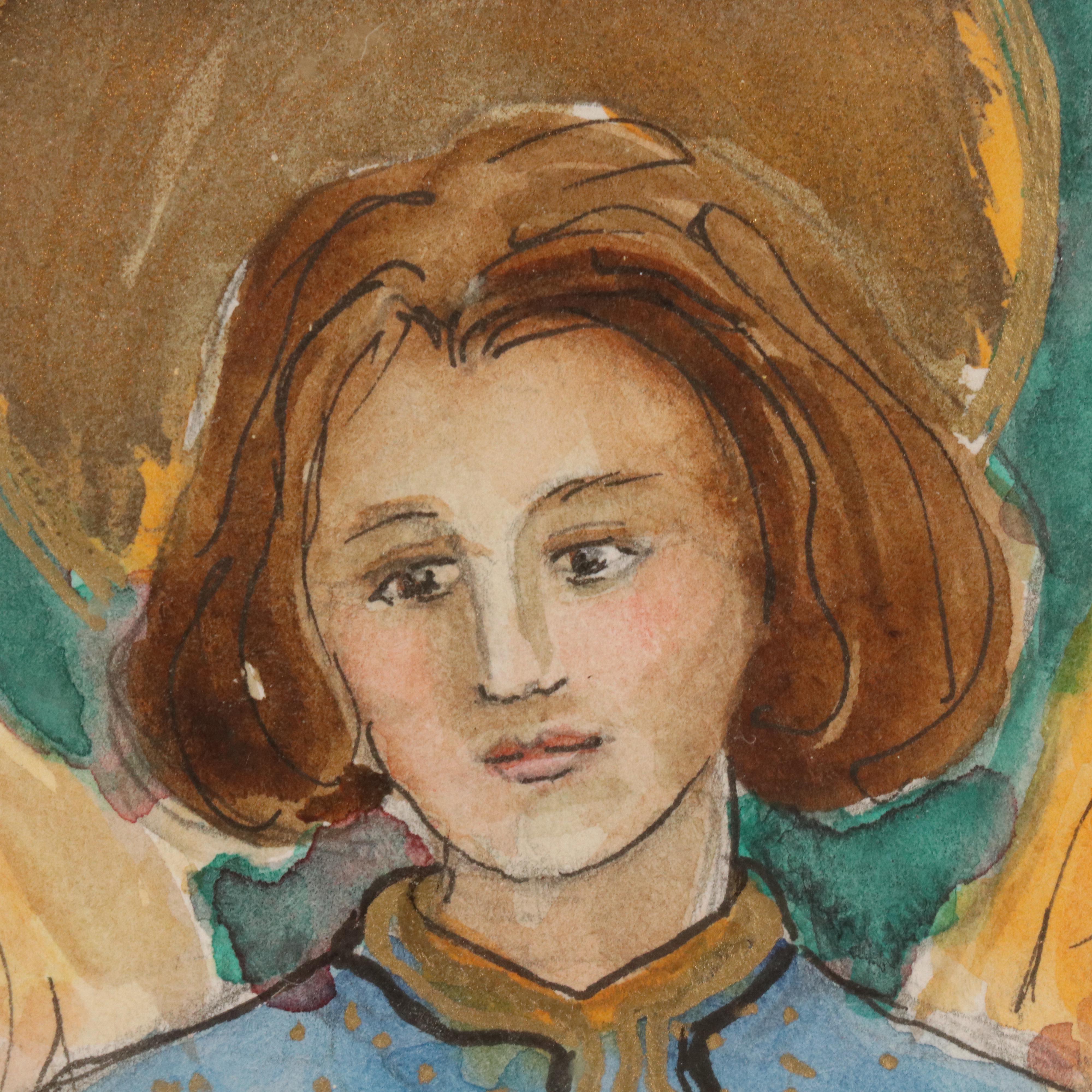 Ink and Watercolor Illustration of an Angel, Late 20th Century