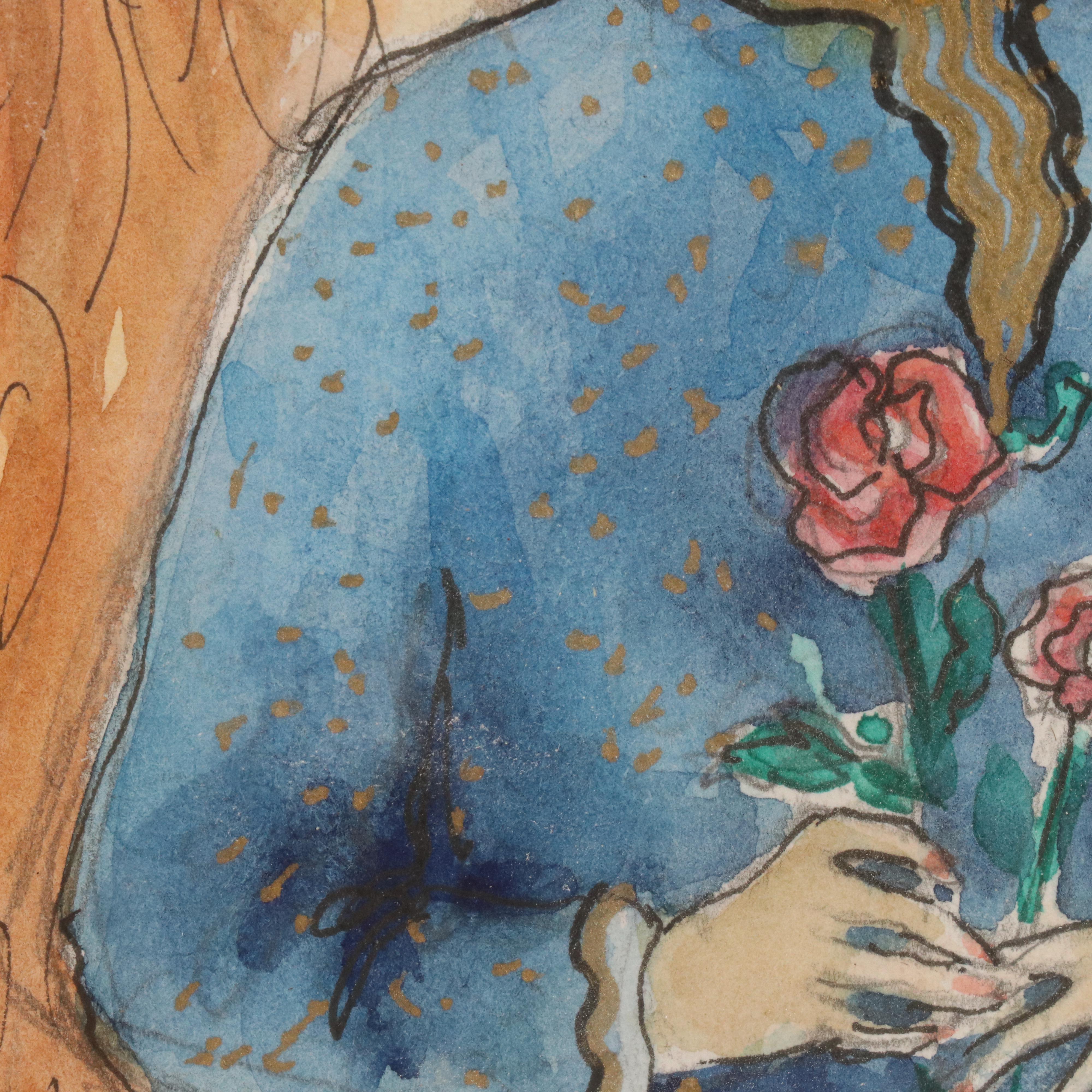 Ink and Watercolor Illustration of an Angel, Late 20th Century