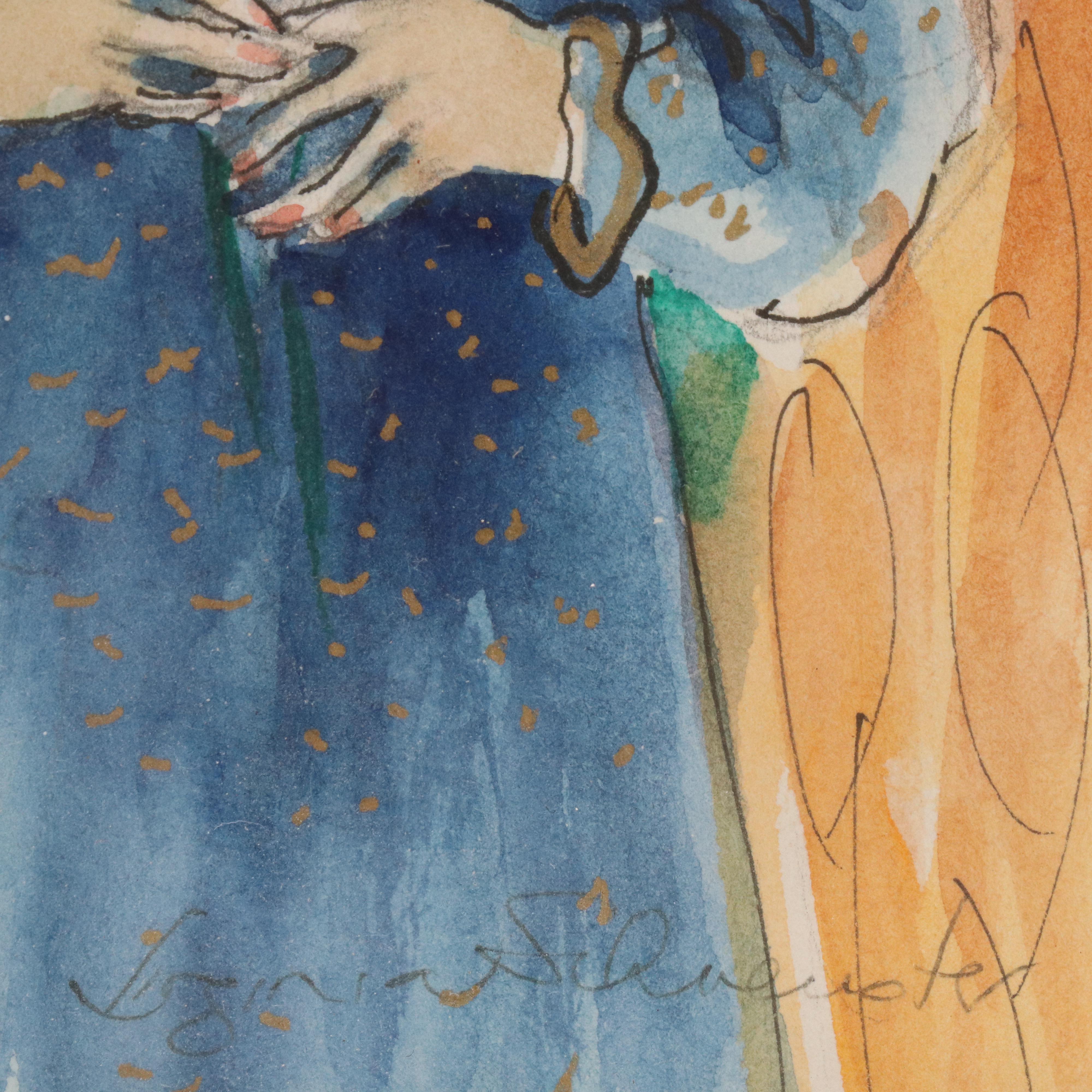 Ink and Watercolor Illustration of an Angel, Late 20th Century