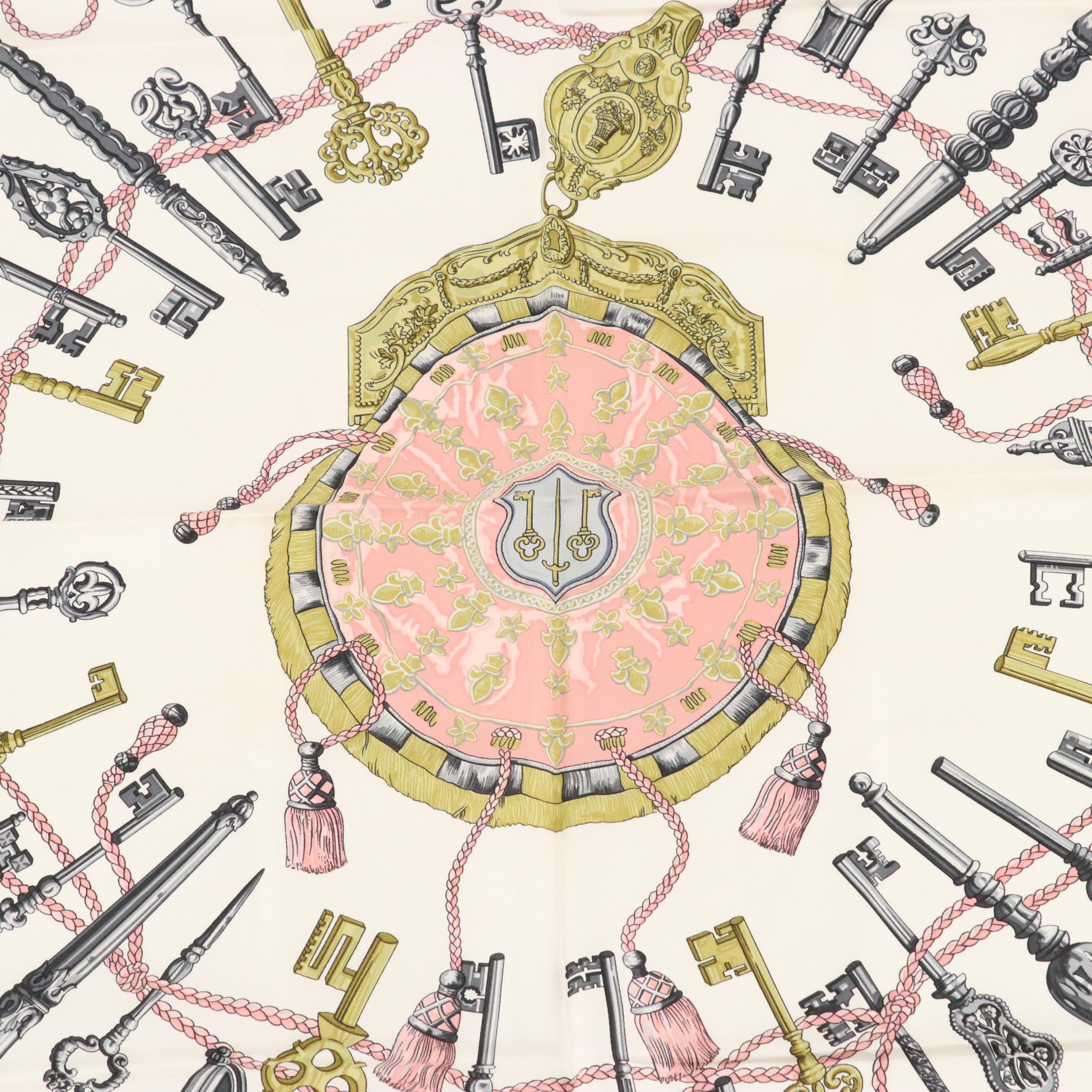Hermès "Les Clés" Baby Pink Silk Twill Scarf 90