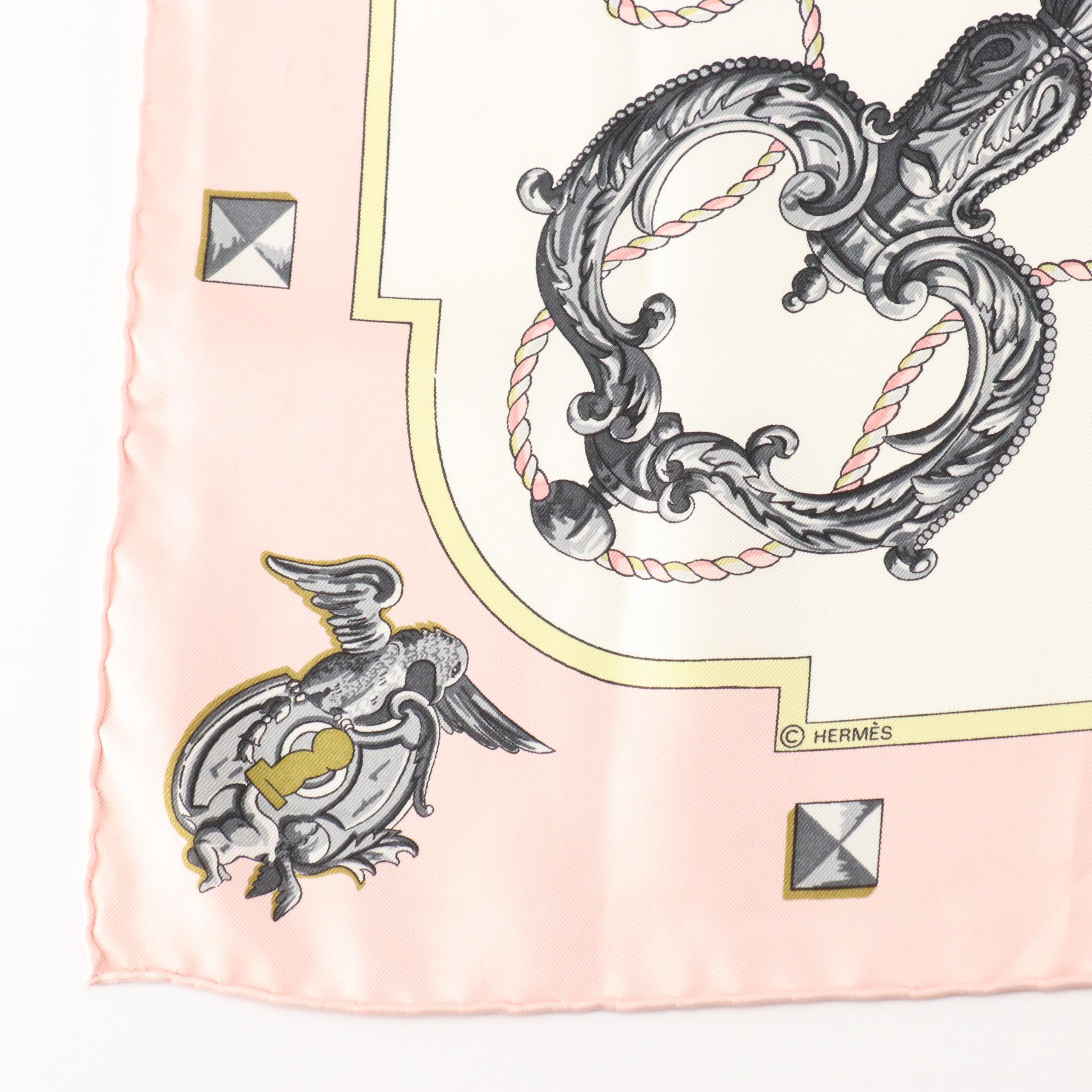Hermès "Les Clés" Baby Pink Silk Twill Scarf 90