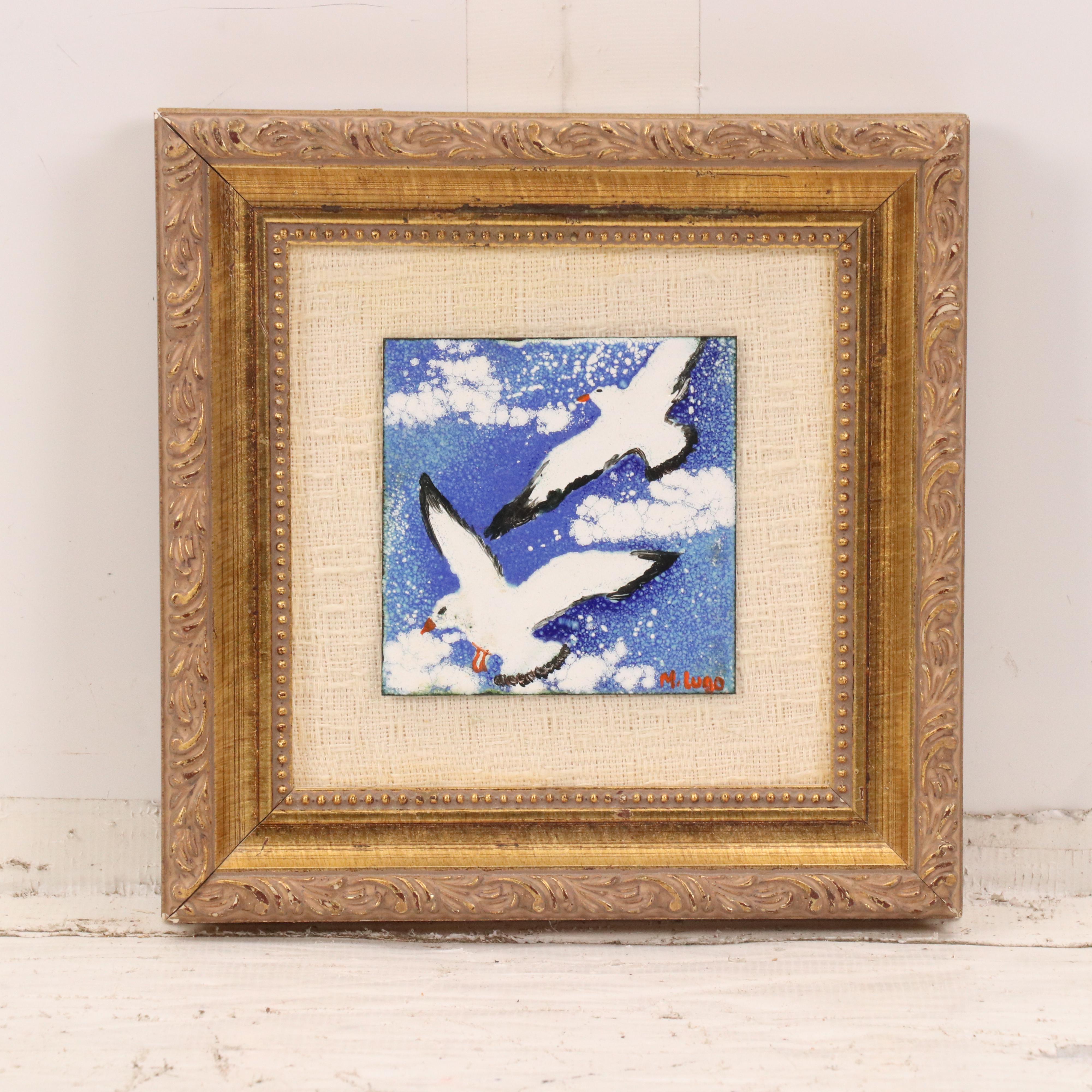 Pair of Miniatures Including Enamel Painting of Seagulls, Late 20th Century