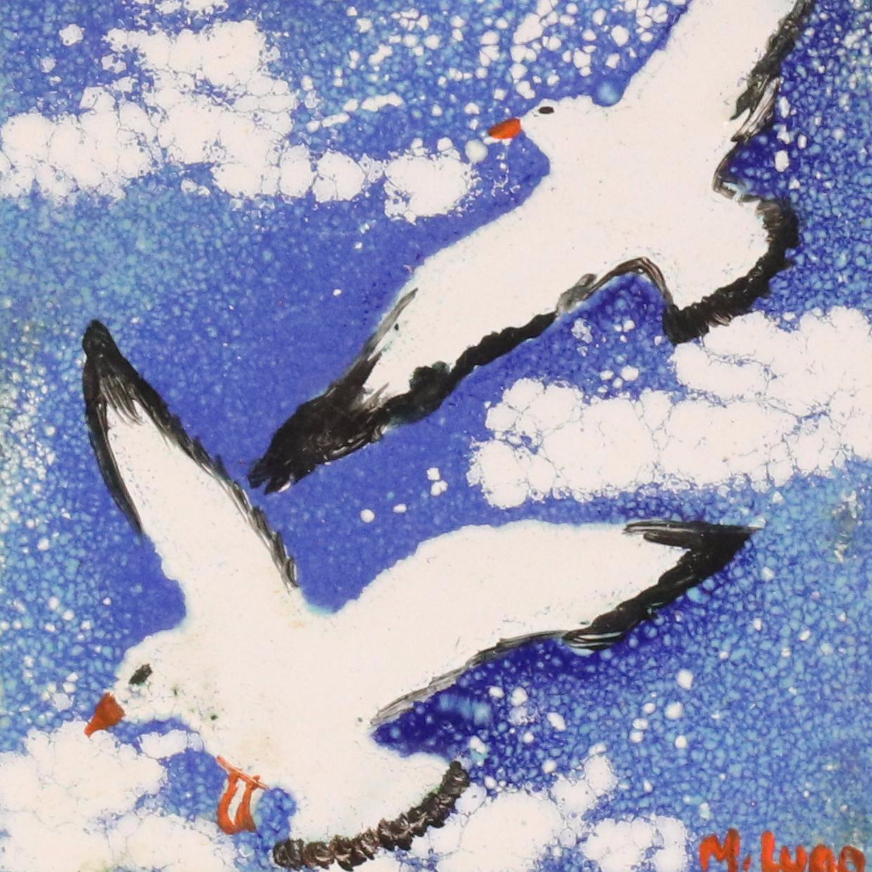 Pair of Miniatures Including Enamel Painting of Seagulls, Late 20th Century
