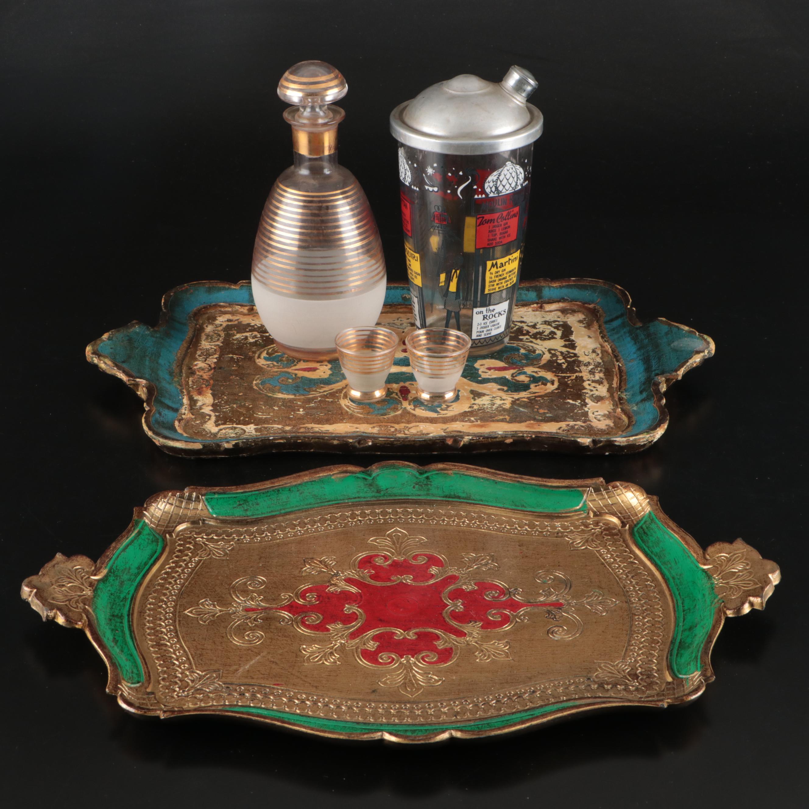 Novelty Parisian Cocktail Shaker with Banded Decanter and Florentine Trays