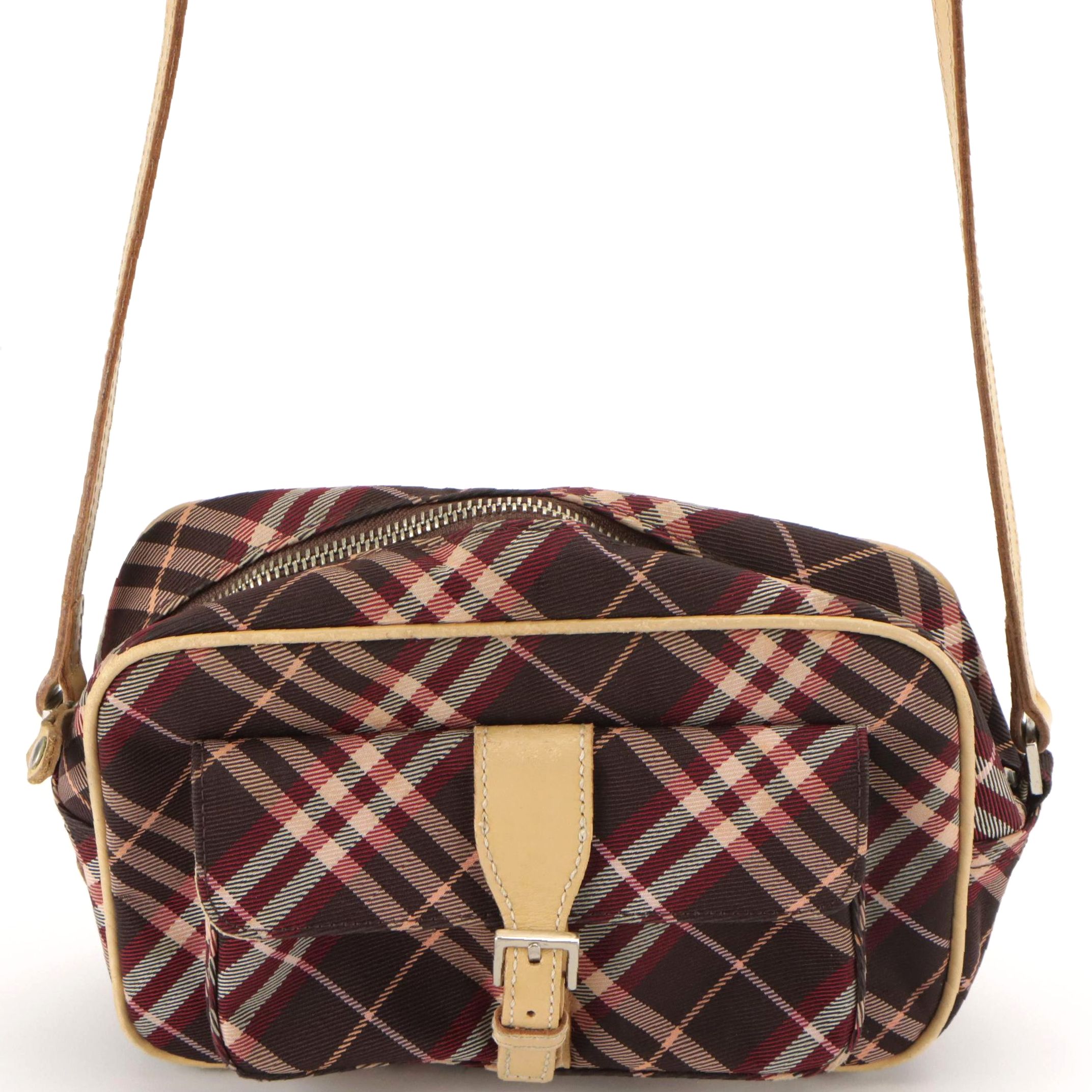 Burberry Blue Label Crossbody Bag in Red Nova Check Canvas and Brown Leather