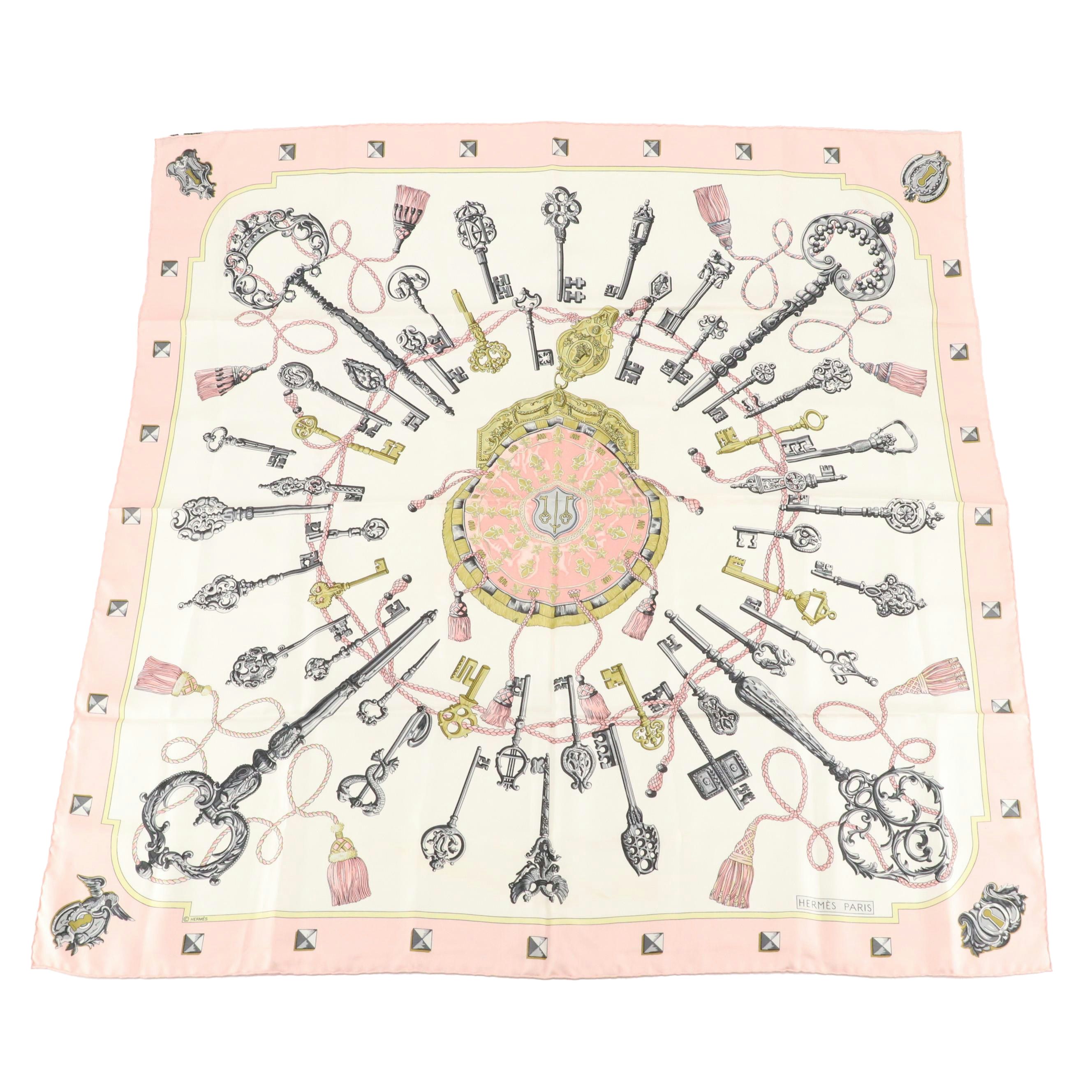 Hermès "Les Clés" Baby Pink Silk Twill Scarf 90