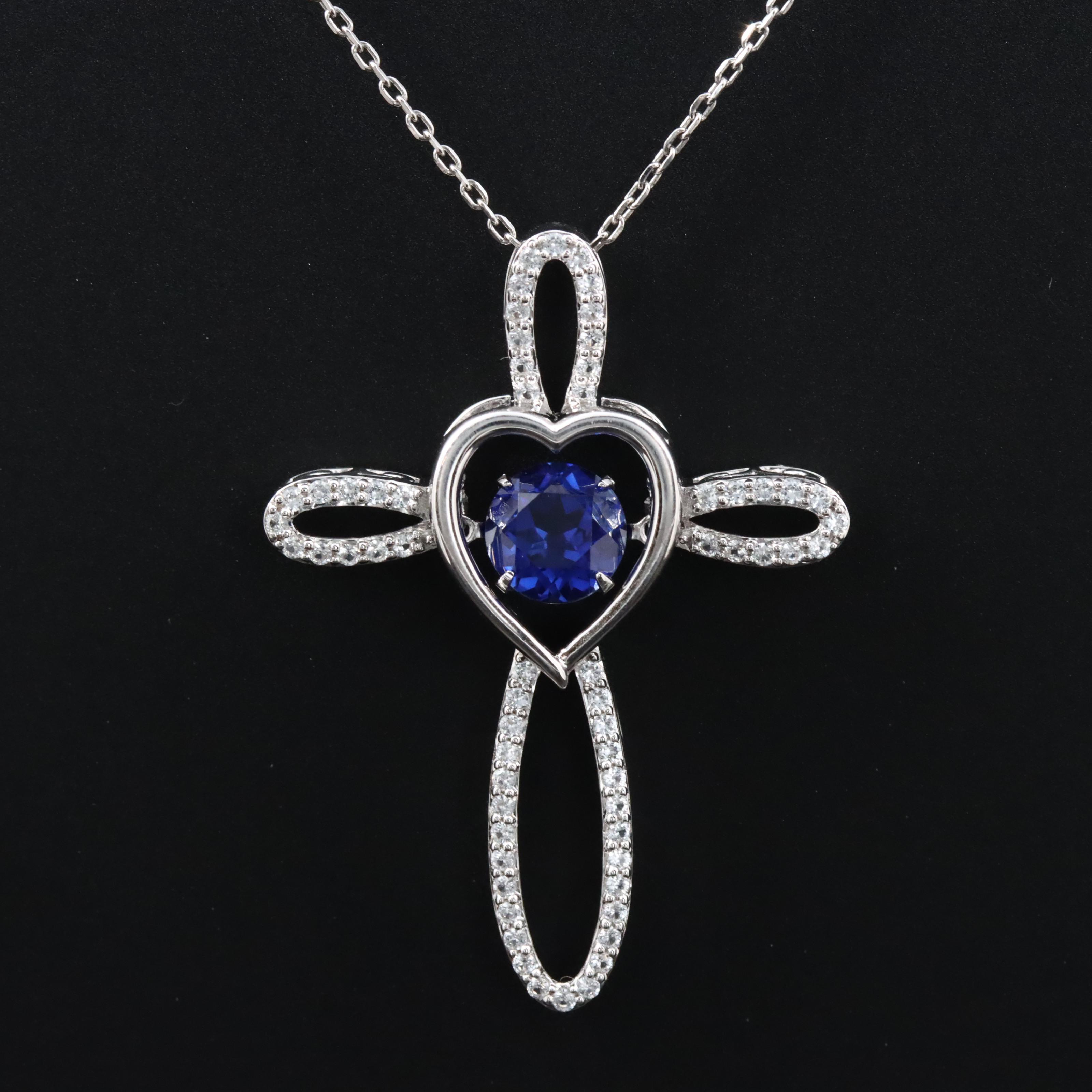 Sterling Blue Sapphire and White Sapphire Cross Pendant Necklace