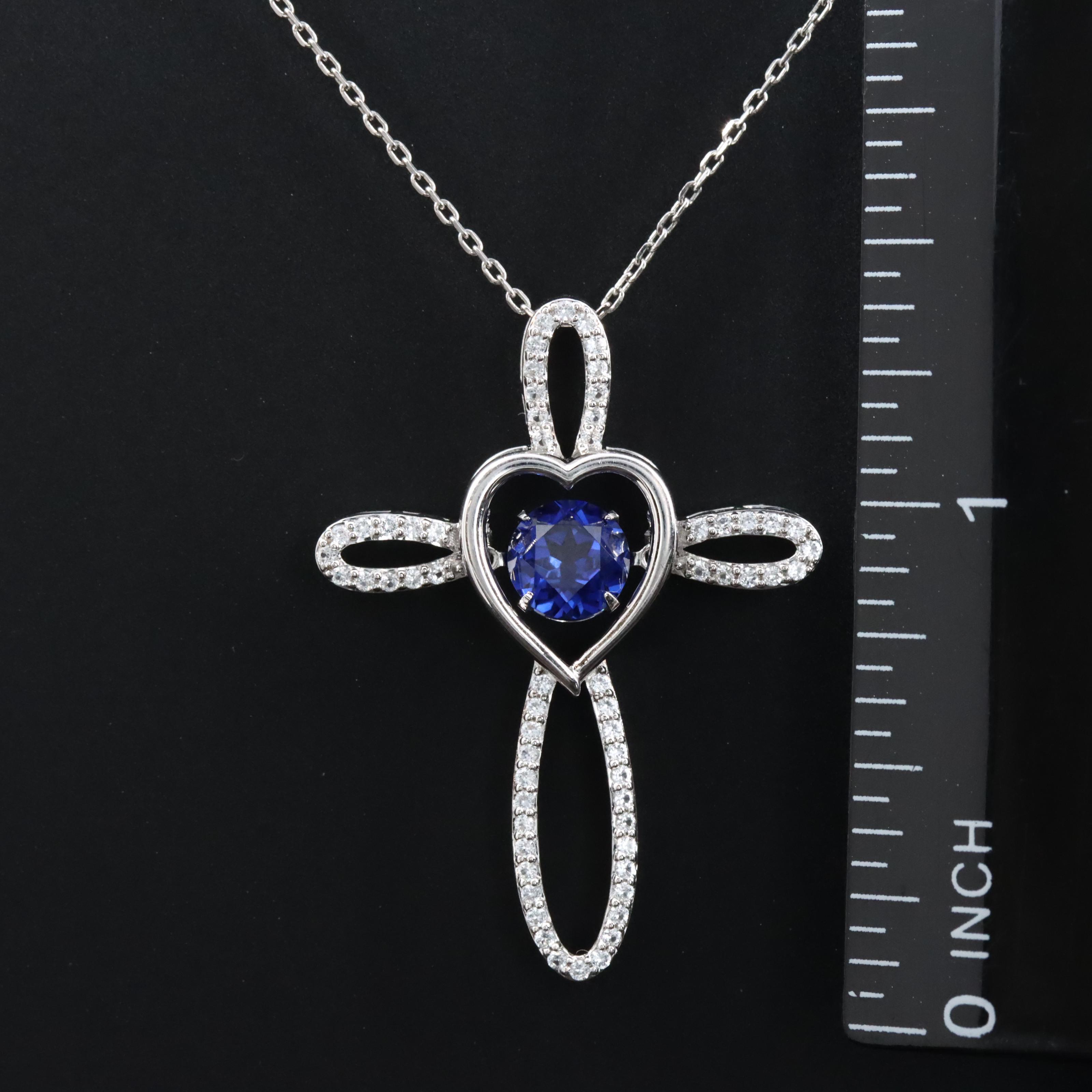 Sterling Blue Sapphire and White Sapphire Cross Pendant Necklace