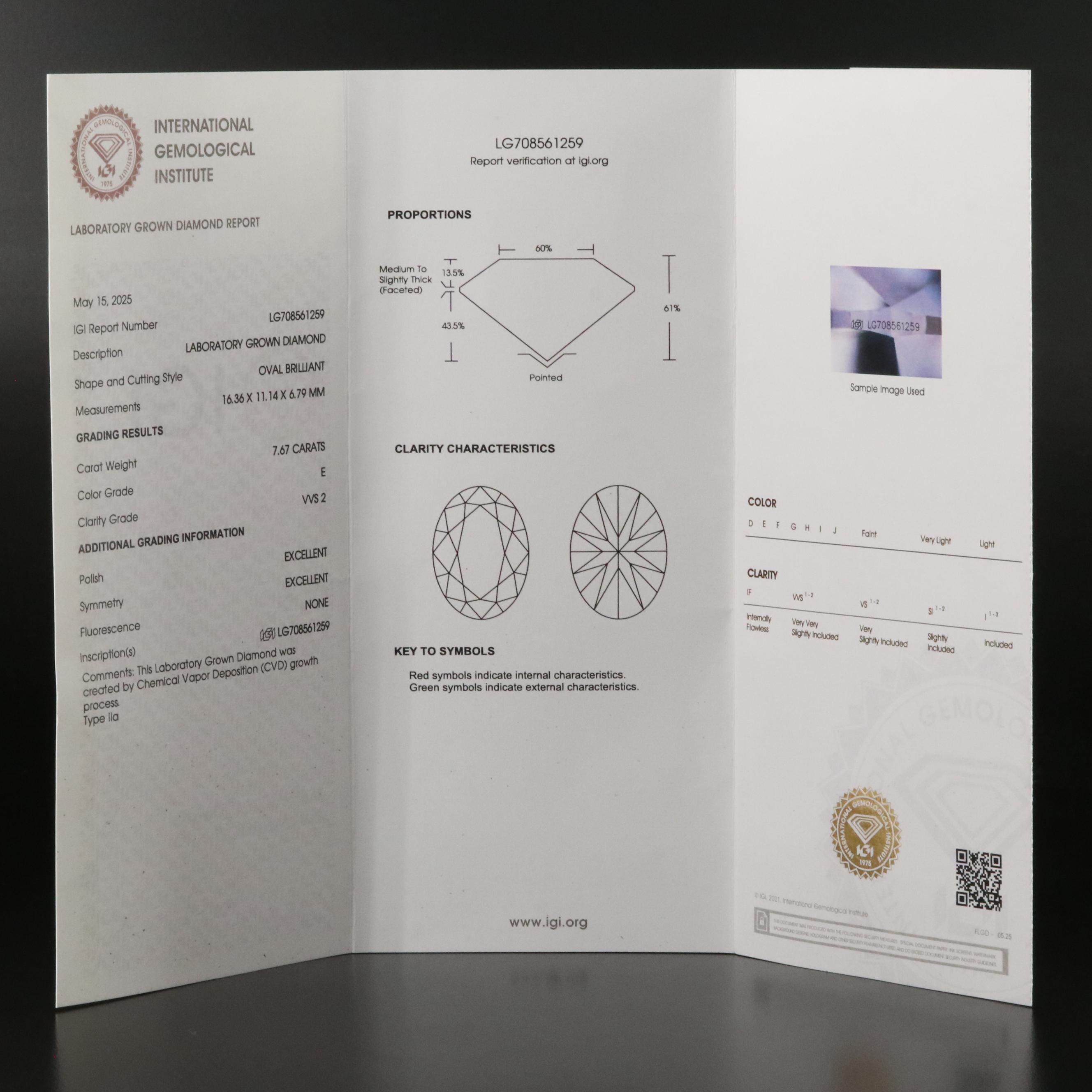 Loose 7.67 CT Lab Grown Diamond with IGI Report