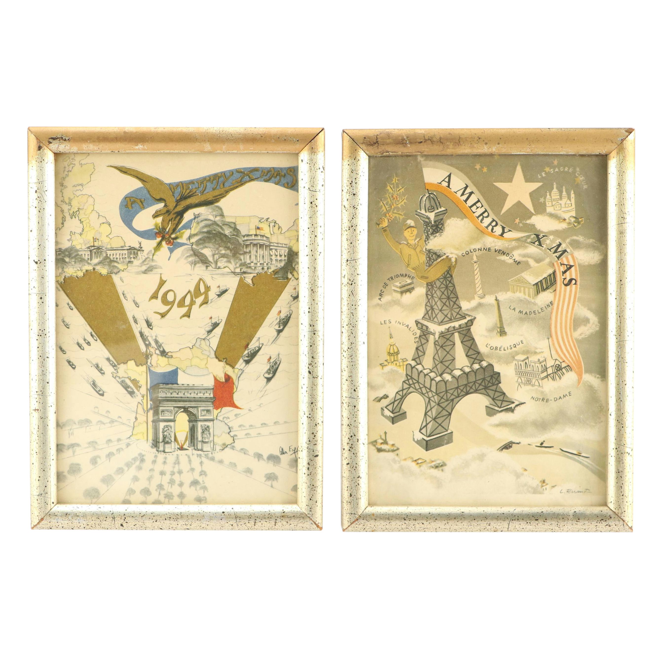 World War II Era Liberation of Paris Christmas Cards with Bicentennial Plate